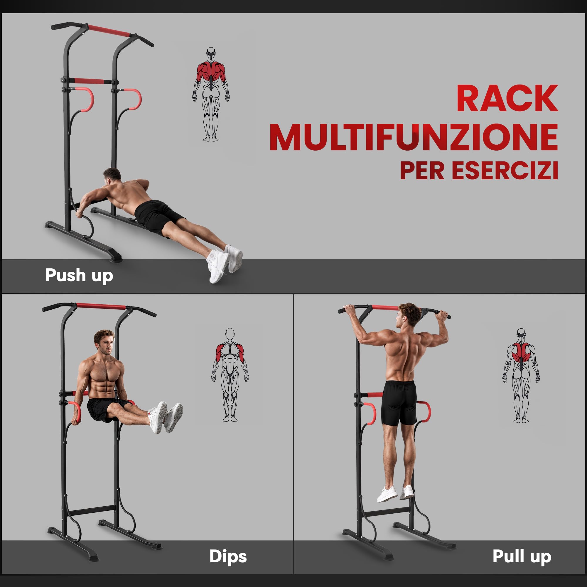 HOMCOM Power Tower Dip Station, Barra per Trazioni Power Tower Stazione Fitness Multifunzione con Altezza Regolabile 171-219cm, Nero Rosso