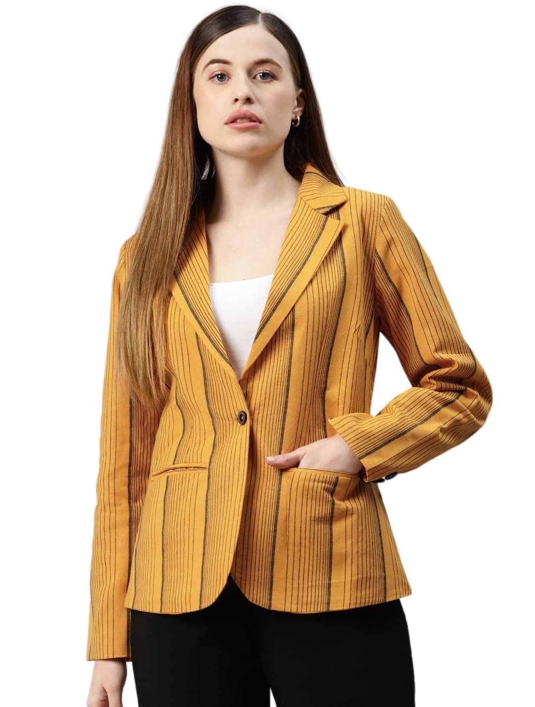 cottinfab Women Yellow & Black Striped Blazer Single-Breasted-picture-29
