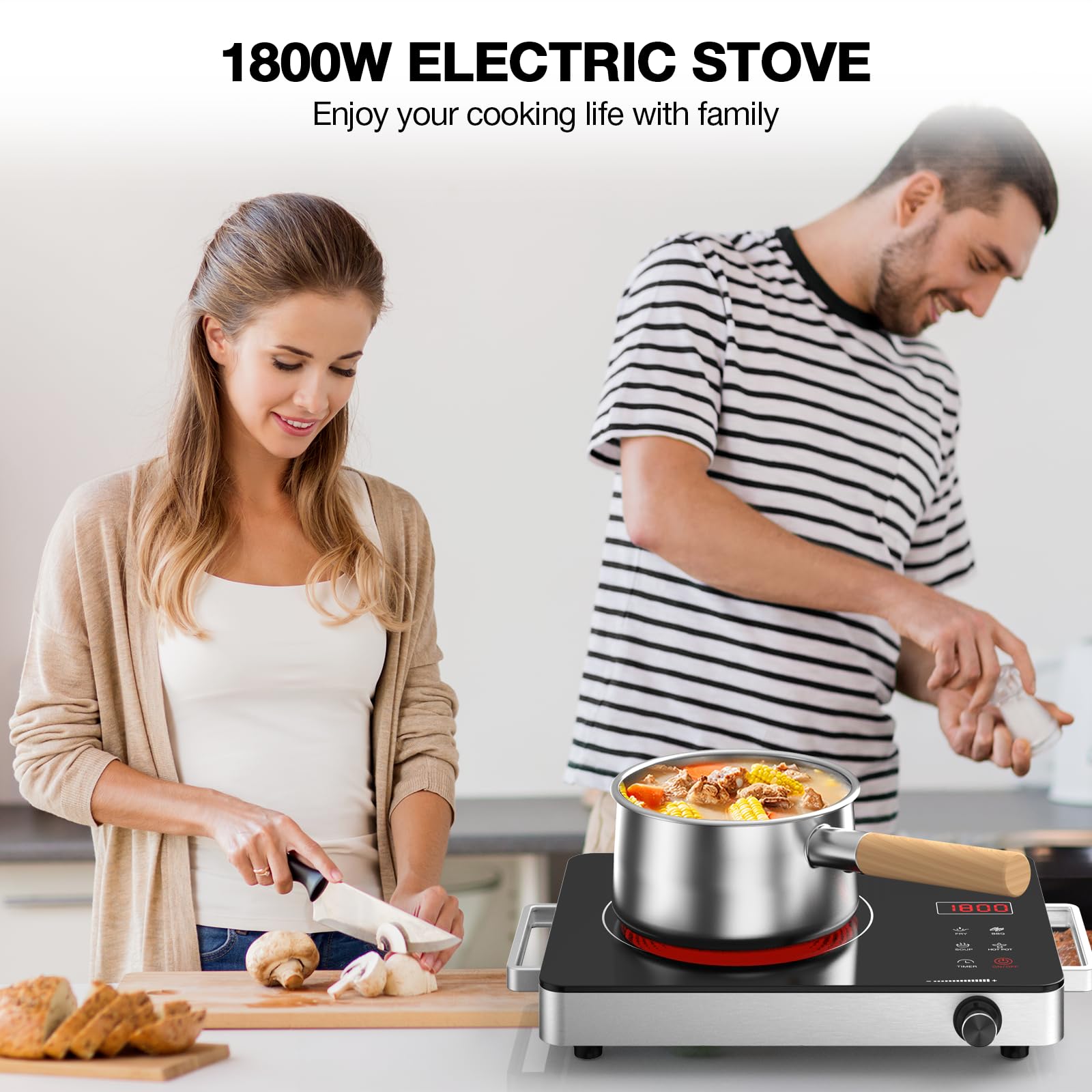 Placa eléctrica portátil de 110 V, 1800 W, placa eléctrica infrarroja con control de perilla, quemador de encimera de un solo quemador con asa, ajuste de temporizador de 4 horas, compatible 9