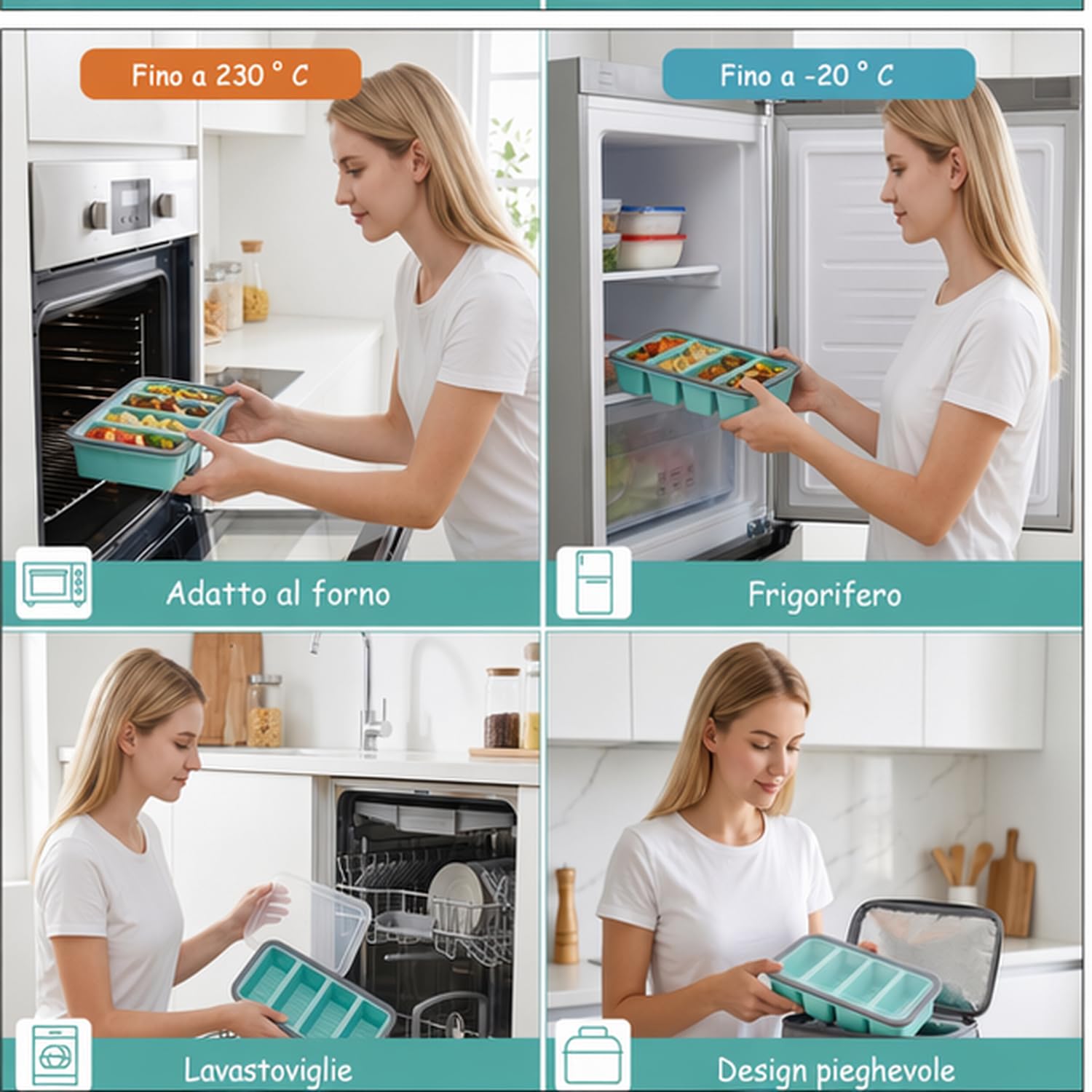 Set di 2 Contenitori Silicone per Freezer, Senza BPA 4 Cavità Contenitore Ghiaccio Freezer con Coperchi per Zuppe, Brodo, Salse e Cubetti Di Ghiaccio (1000 ml)