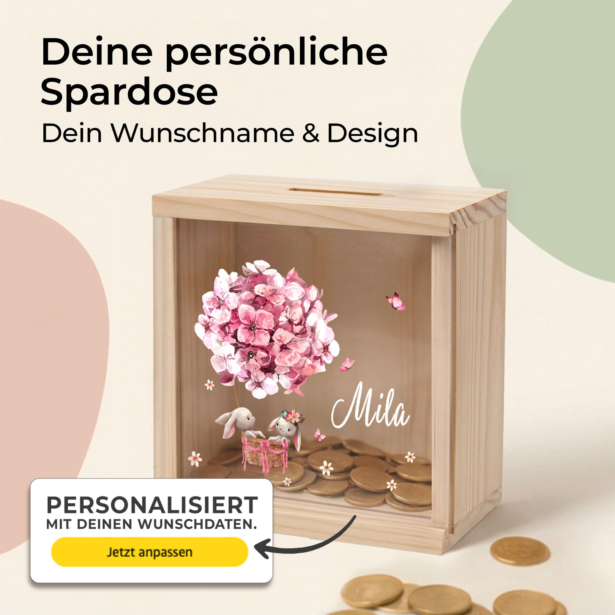 Little-Deco Spardose, Geldkassette, Sparbox, Geld sparen, Sparschwein Kinder, personalisierte Geschenke Kinder, personalisierte Spardose, Holzspardose, Taufgeschenke, Geschenk zur Geburt, 15x15cm