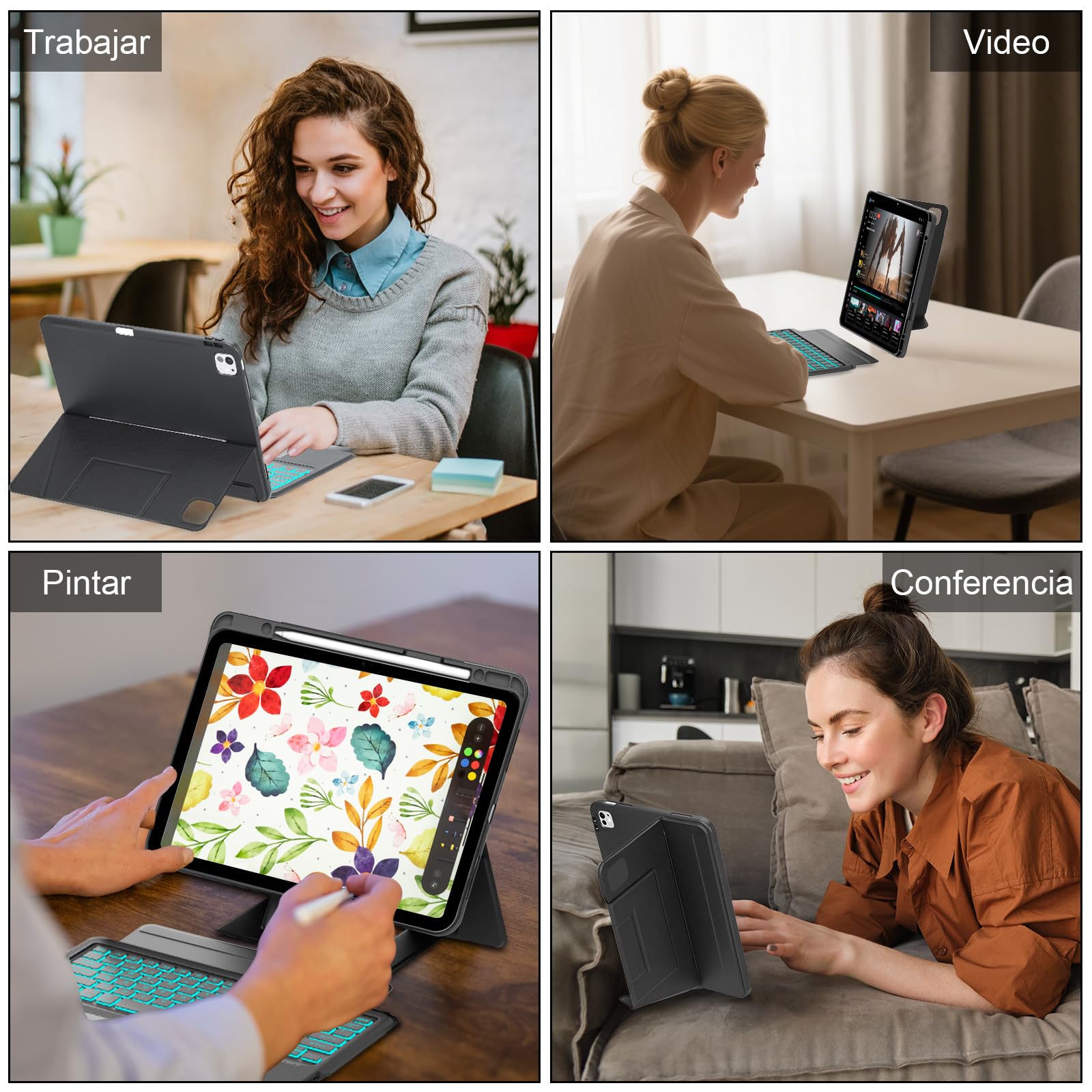 Funda Teclado para iPad Air 13 Pulgadas (M4 2026, M3 2025, M2 2024)/iPad Pro 12.9"(6.ª/5.ª/4.ª/3.ª Gen), Teclado Retroiluminado Bluetooth Desmontable con Trackpad y Soporte Ajustable Multiángulo-Negro