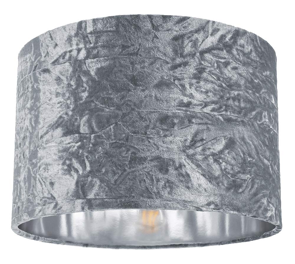 Modern and On-Trend Silver/Grey Crushed Velvet Fabric 12" Table or Pendant Circular Drum Lampshade with Shiny Silver Inner - 60watt Maximum | Perfect for Residential or Commercial by Happy Homewares