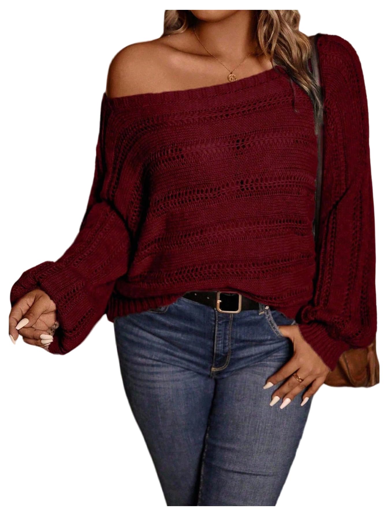 SHENHE Womens Plus Size Crochet Off The Shoulder Sweater Hollow Out Lantern Sleeve Dressy Cozy Jumper