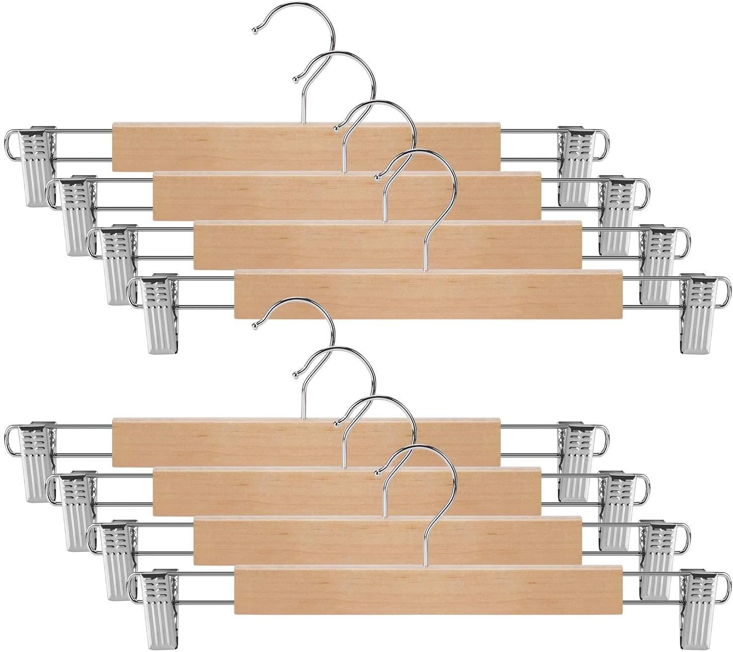 IEOKE Wood Pants Hangers, Trousers Hangers with 2-Adjustable Anti-Rust Clips, Skirt Hangers Clothes Hangers with 360 Swivel Hanger Hook Natural Finish - 8 Pack