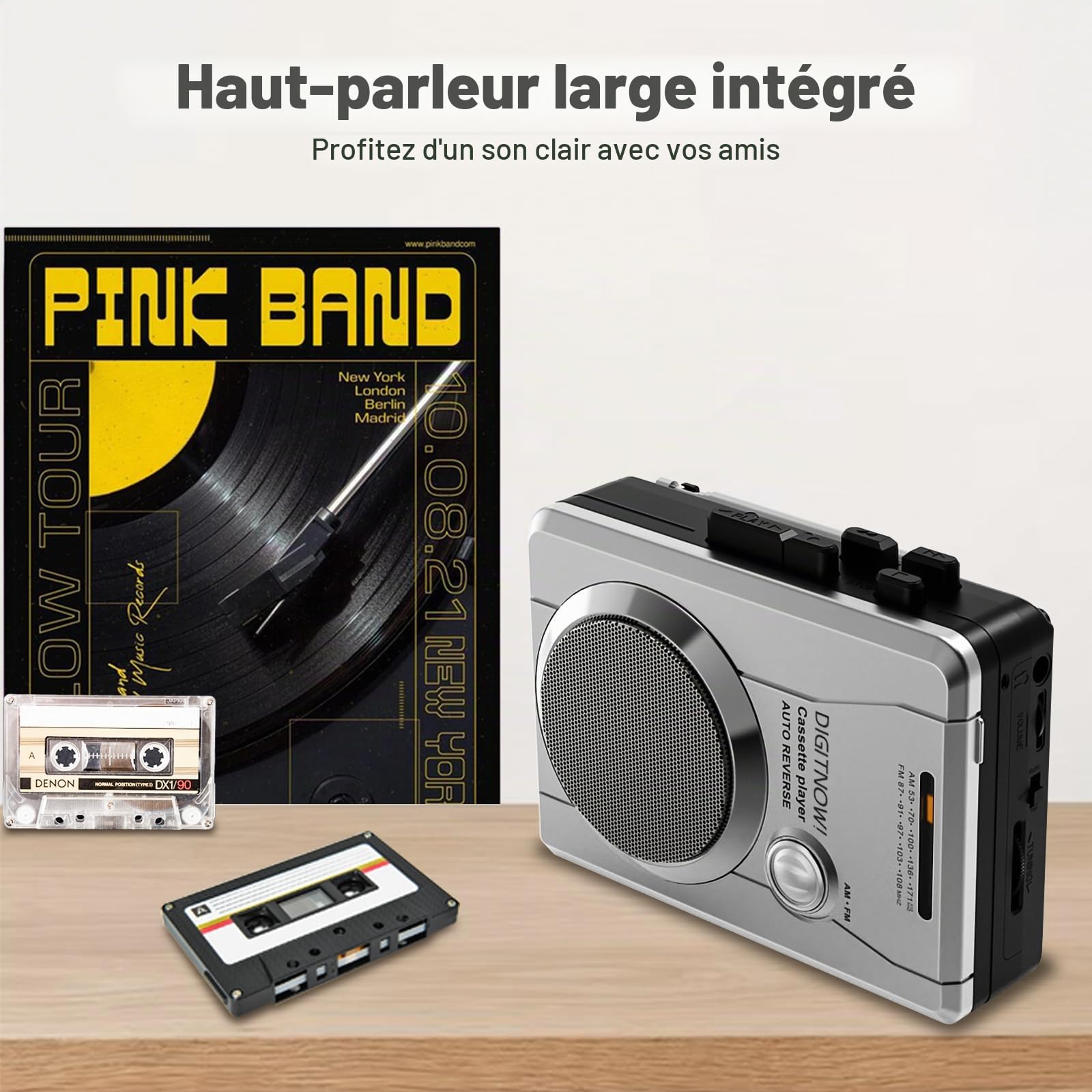 Enregistreur de cassettes rétro, lecteur de cassettes portable avec radio AM/FM, clip de ceinture, haut-parleur intégré et prise casque 3,5 mm (Argent)