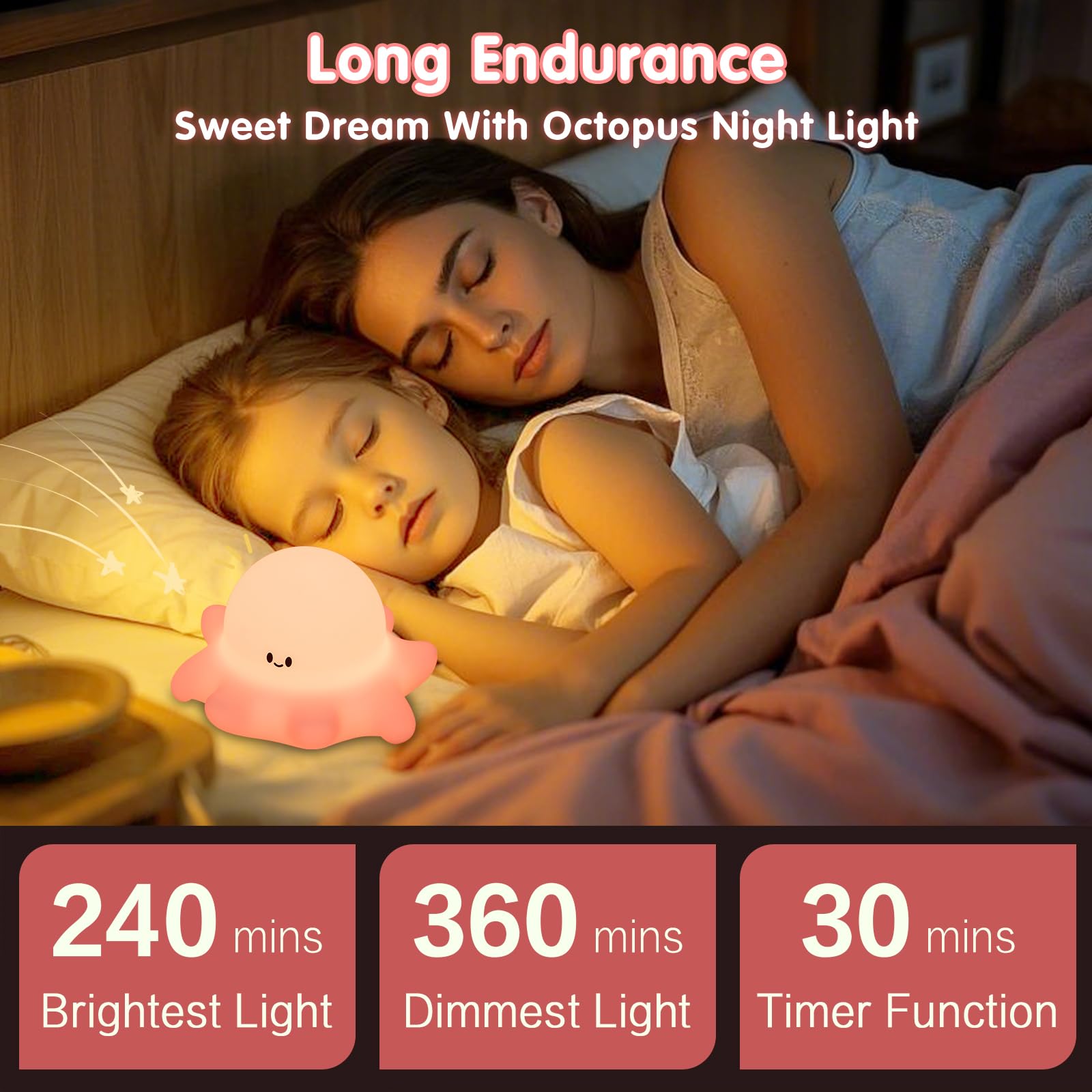 YR YRHH-PET Pinkes Oktopus-Nachtlicht, LED-Quetschtier, niedliche Tier-Lampe, lebensmittelechtes Silikon-Nachtlicht, 3 Stufen, dimmbar, beleuchtetes Oktopus-Dekor für Zimmer, Studentenwohnheim, Jungen