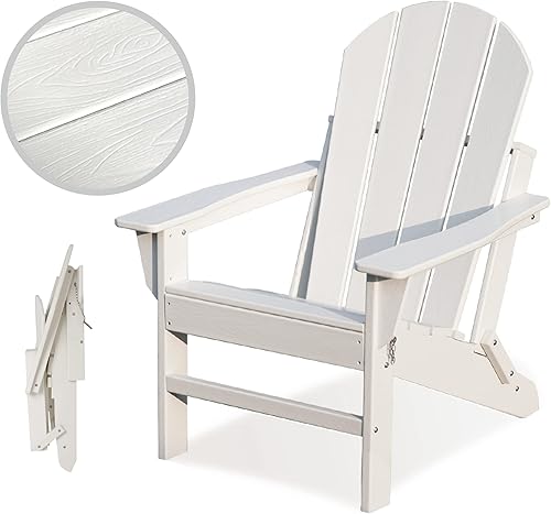 Miniatura 1 de BIVODA Silla Adirondack para exteriores con grano de madera natural hecha de madera de HDPE para porche piscina fogata jardín de césped color blanco