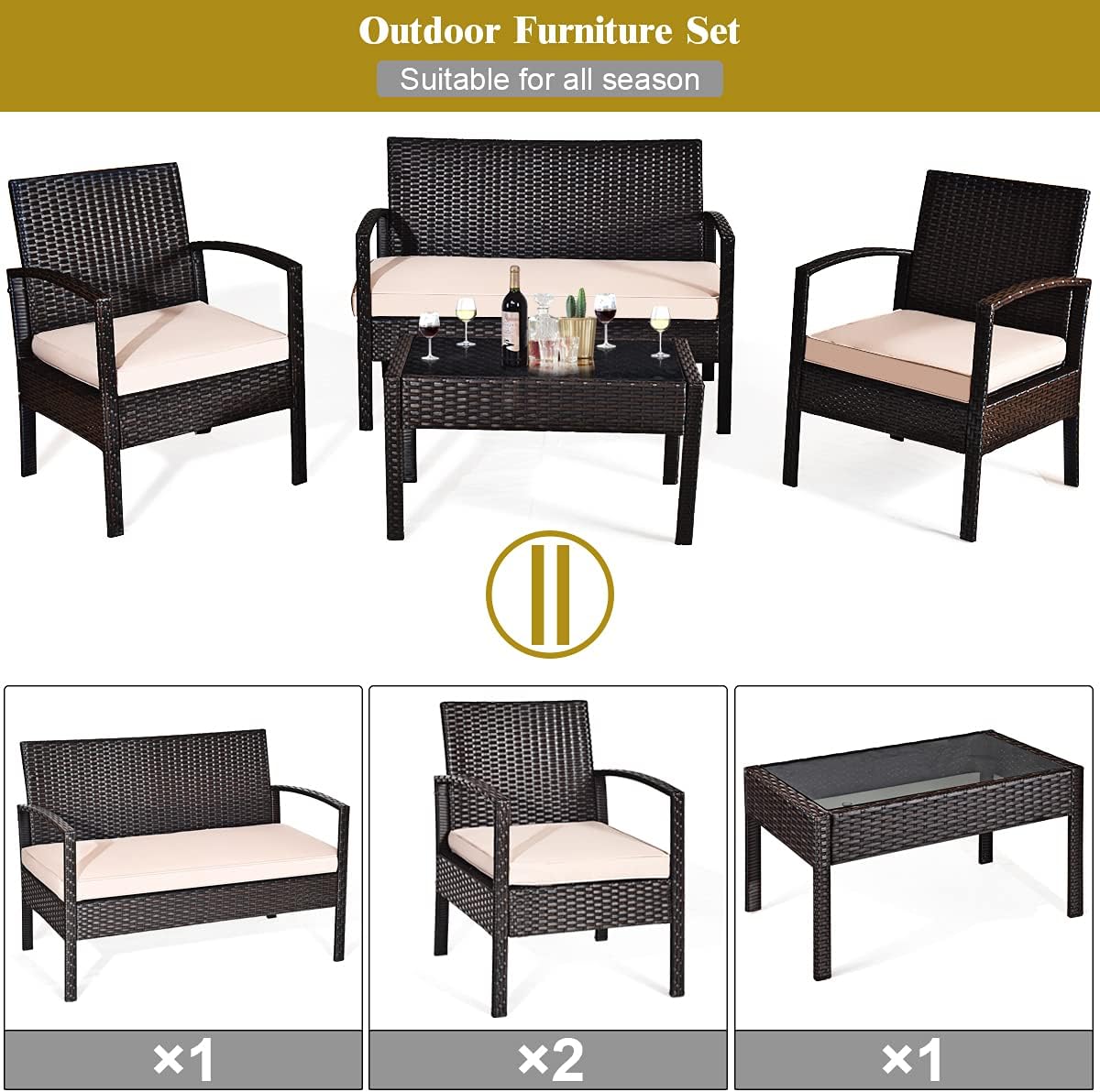 DORTALA 4 Piece Wicker Patio Furniture Set, Outdoor PE Rattan Conversation Set with Loveseat, Chairs & Coffee Table for Backyard Porch Garden Poolside Balcony