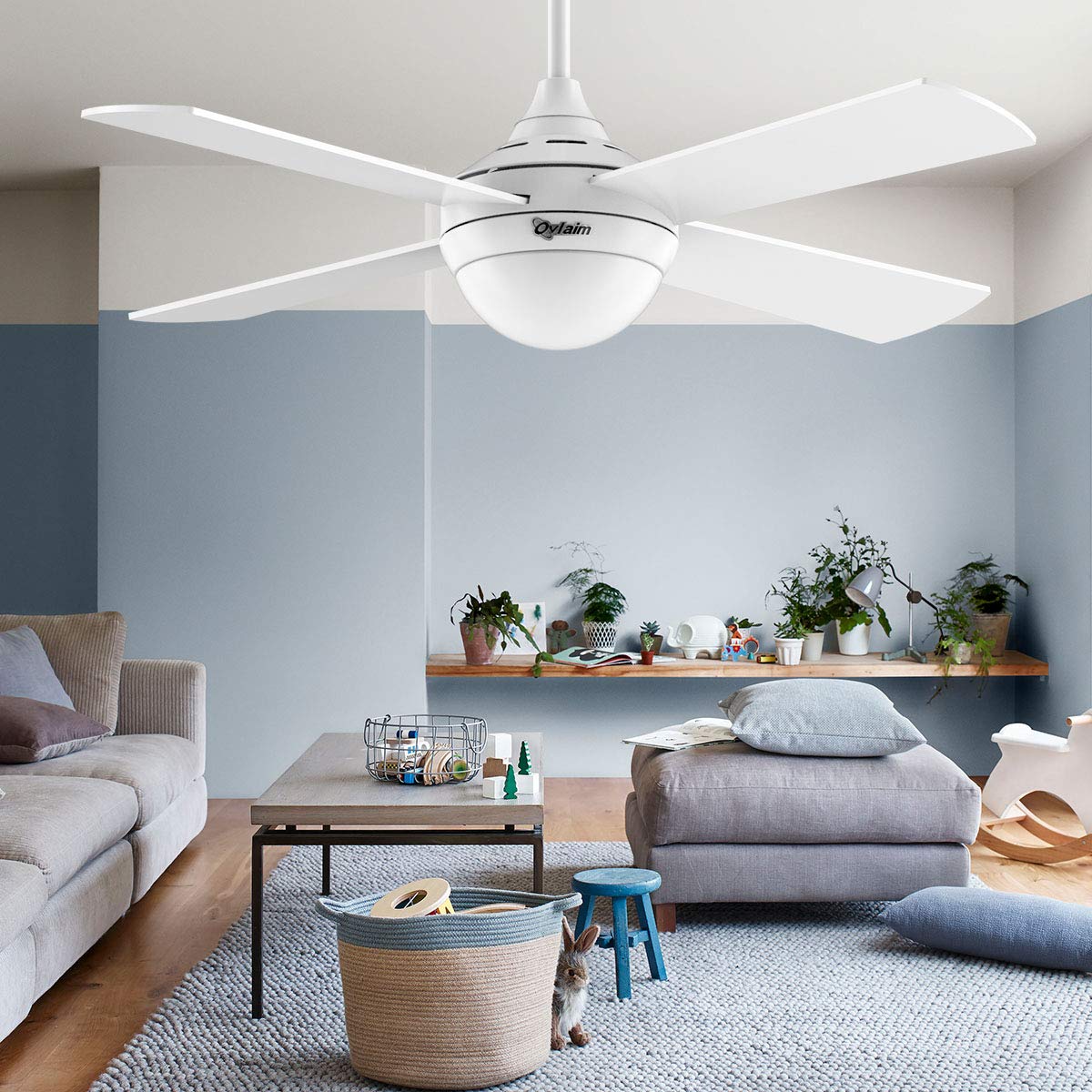 Ovlaim Ventilatore da Soffitto da 122 cm con Led Luce (3 colori) e Telecomando (6 velocità), motore DC a silenzioso e risparmio energetico, adatto per l'estate e l'inverno - Bianco