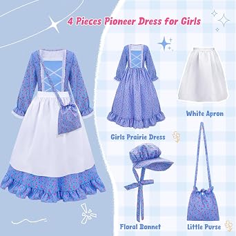Meland Pioneer Dress for Girls - Colonial Floral Costume with Bonnet, Apron & Purse, Pionner Outfit for Girls 9-10 Years