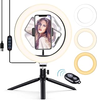 Ring Light, 10” LED Selfie Ring Light with Tripod Stand and Phone Holder, Desktop Ring Light with 3 Light Modes and 10 Brightness for Youtube Video/Photography/Live Streaming/Tiktok