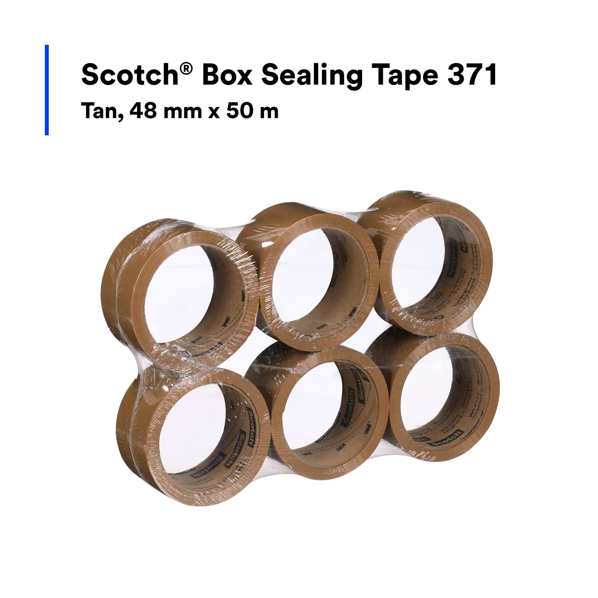 Scotch Box Sealing Tape 371 Tan, 48 mm x 50 m, Performance, Conveniently Packaged (Pack of 6)