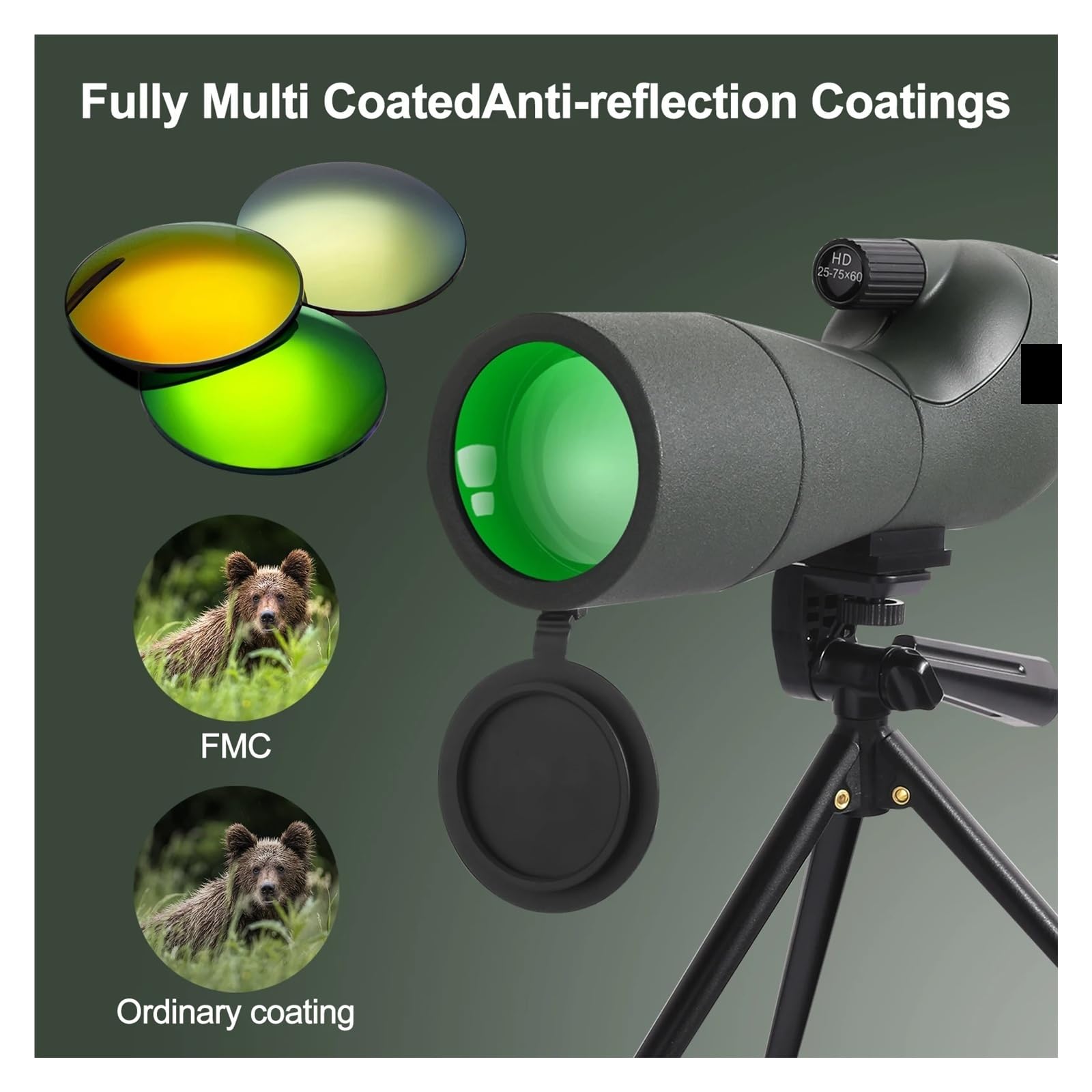 Telescopio monocular de 25-75x60 con Zoom Potente, Resistente al Agua, for observación Aves y Tiro Blanco trípode(Black Set)
