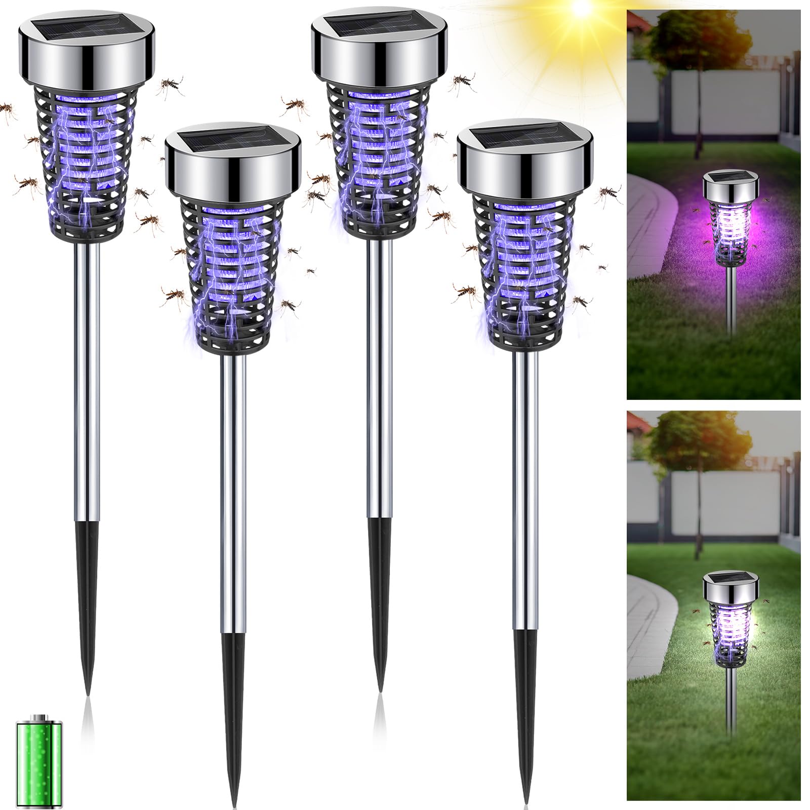 Qualirey 4 Stück Solar Bug Zapper Moskito für den Außenbereich, wasserdicht, LED-Licht, Außenmückenschutz, Killer-Insektenvernichter für drinnen und draußen, Terrasse, Hof
