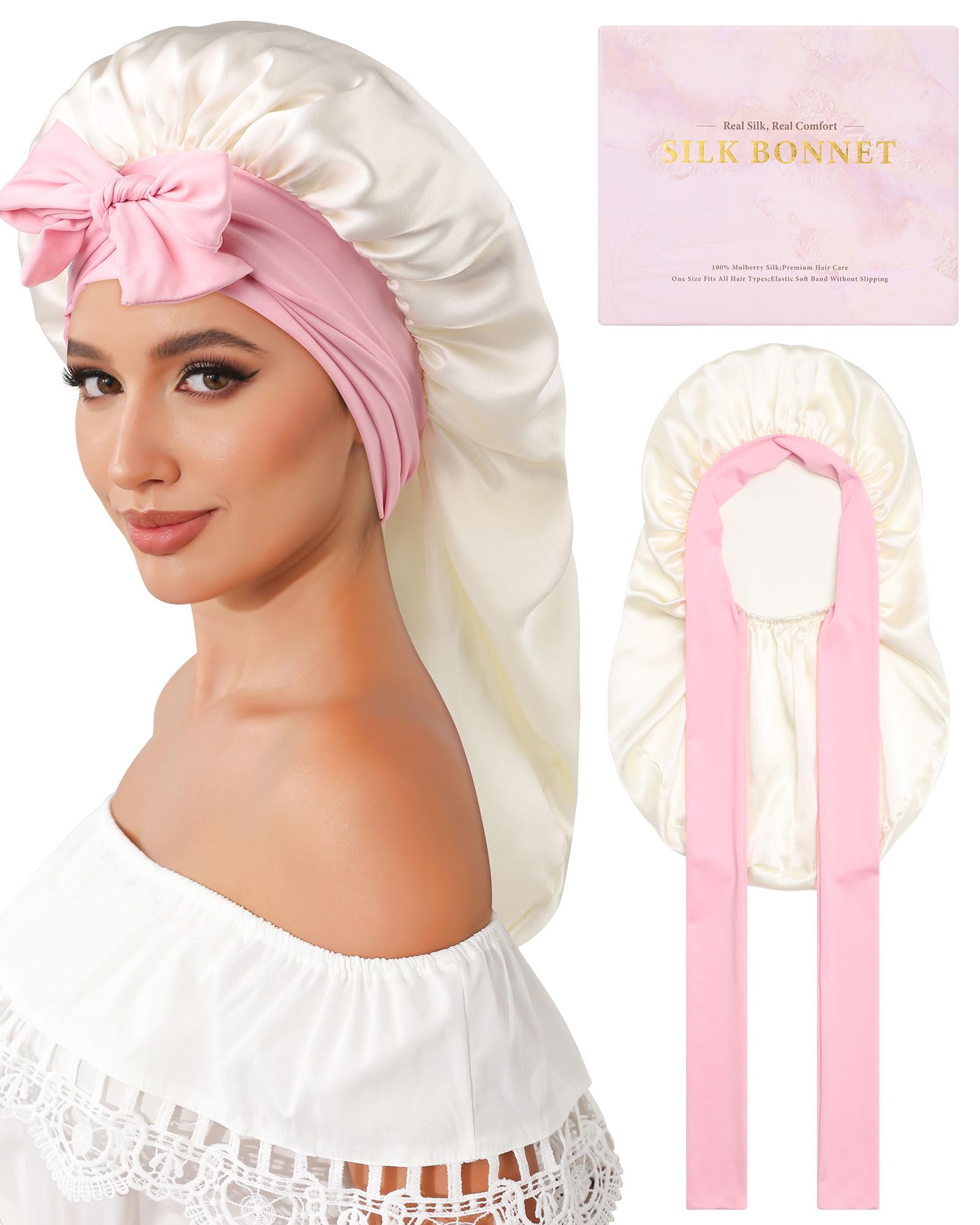 AWAYTR Silk Bonnet for Long Hair - 100% Mulberry Silk Bonnet for Sleeping Women or Kids with Adjustable Elastic Band
