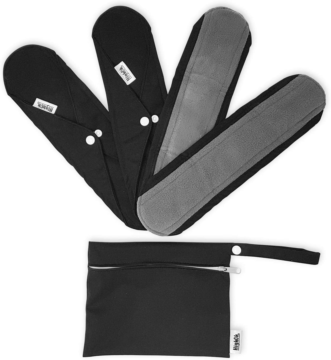 Overnight Long Reusable Sanitary Napkins | Soft Washable Charcoal Bamboo Menstrual | Light Bladder Support & Incontinence Pads | 4 Heavy Flow Pads & 1 Waterproof Wetbag