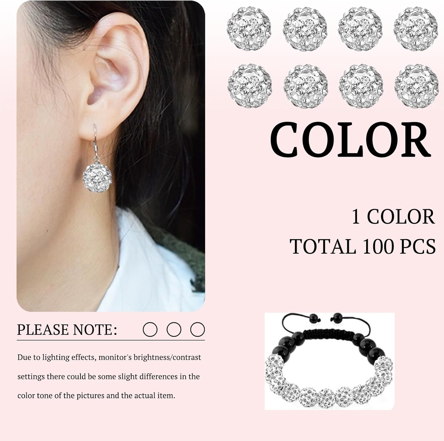 10mm Grade A Rhinestone Beads for Baseball Necklace-Round Disco Ball Bead Rhinestone Clay Beads for Earring Jewelry Making,Necklace Bracelet,DIY Craft Supplies(100 pcs White) - Image 4