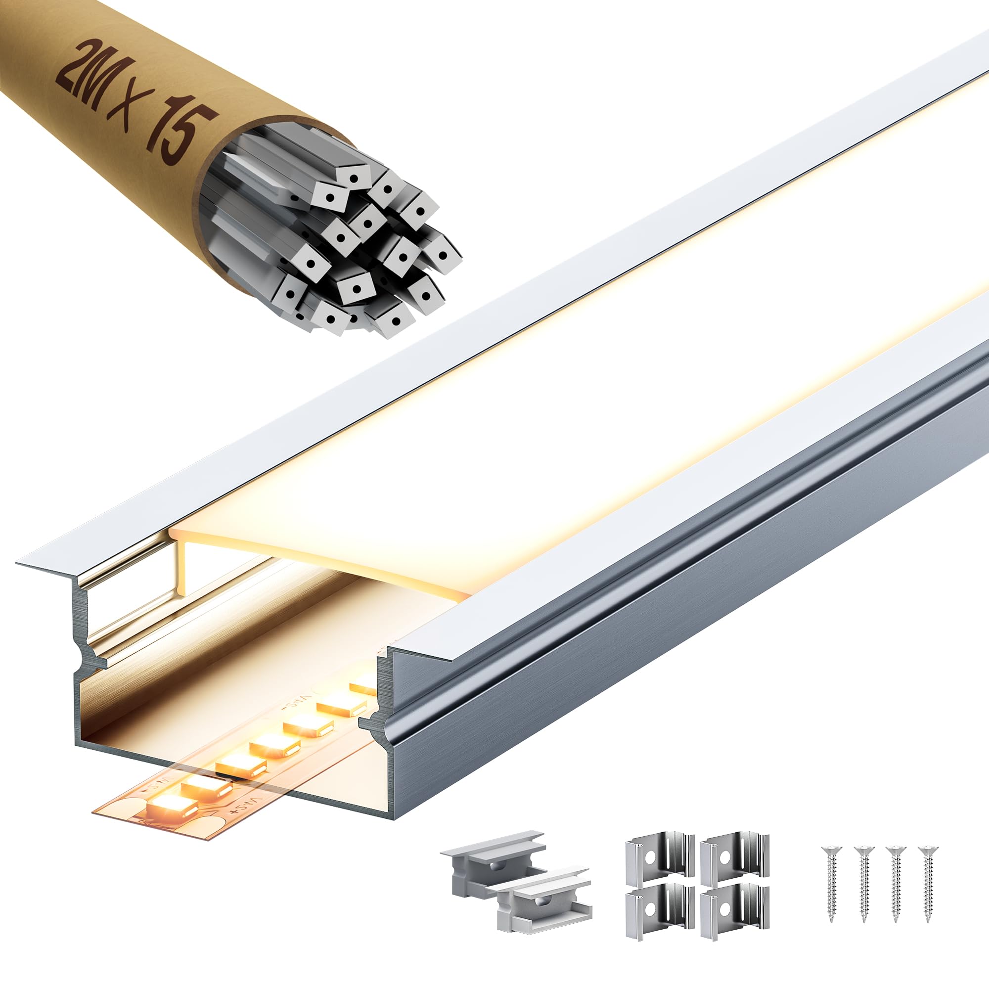 15 x 2 metry profili aluminiowych do taśm LED (30 mt), kanał kablowy z matową osłoną, maks. 16,7 mm, profil aluminiowy 26,7 x 10 mm