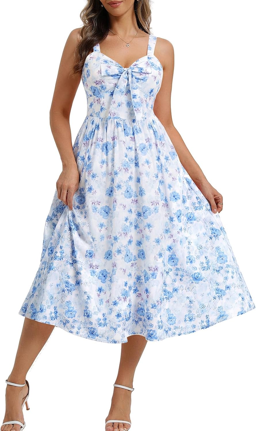 Belle Poque Summer Dresses for Women 2026 Tie Front Dress Beach Wedding Guest Dress Floral Sundress with Pockets