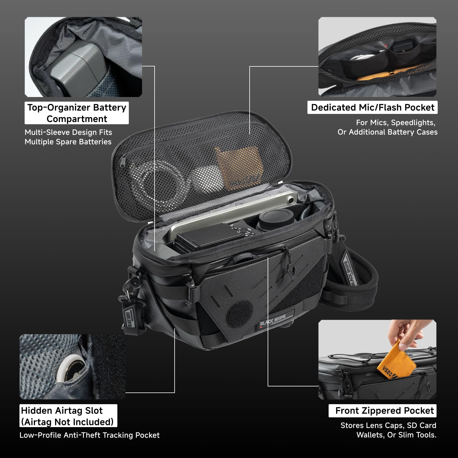 VSGO Black Snipe Pro 7-9L Erweiterbare Kameratasche – Wasserabweisender Techwear-Stoff, Anti-Drehung, Modulare Trennwände & Stativhalter, Leichte Professionelle Kameratasche – Schwarz