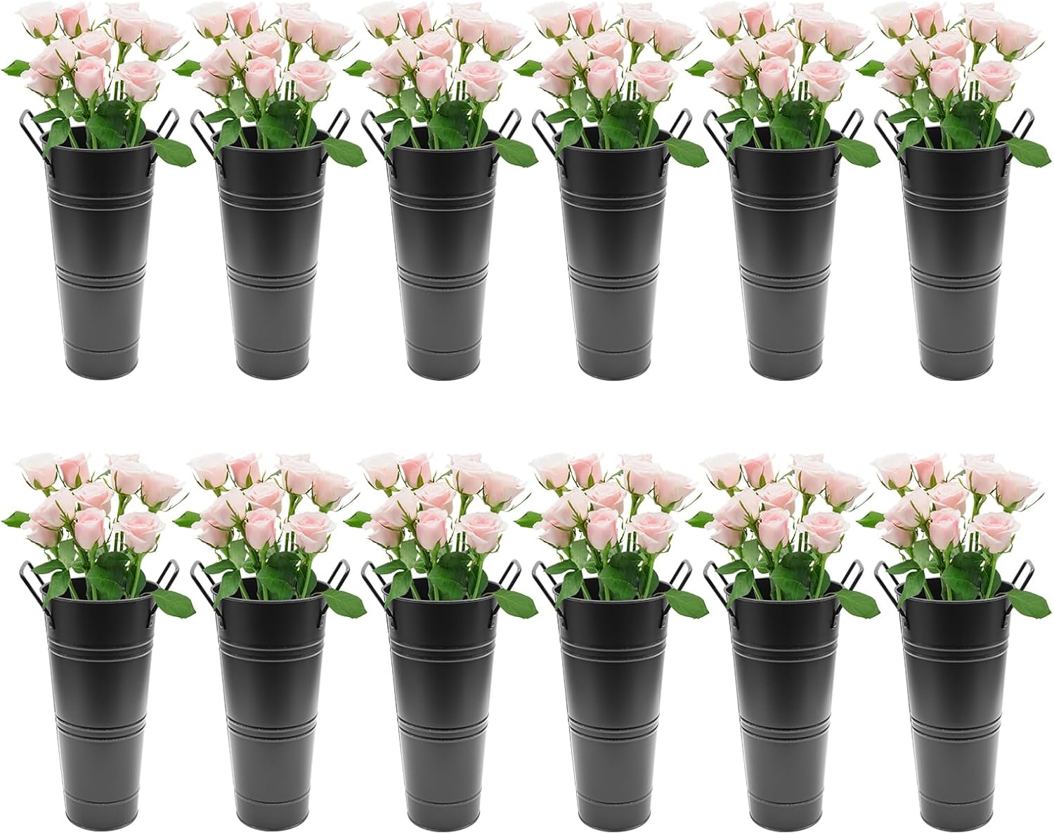 12 pcs Galvanized Flower Bucket, 9 Inch Metal Vase, Rustic French Tin Flower Buckets with Handles, Home Floral Centerpiece Container (Black)