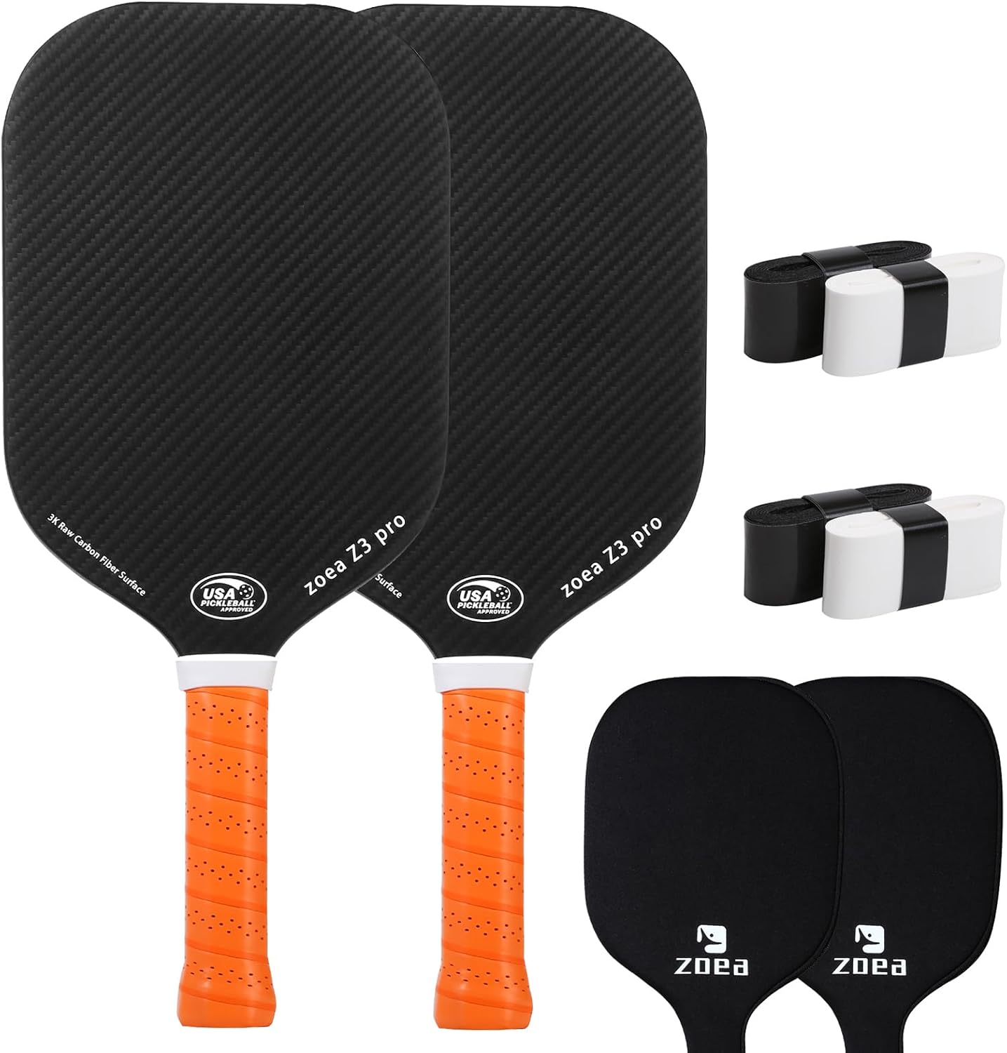 ZOEA Pickleball Paddle, USA Pickleball Approved, 16MM Polypropylene Honeycomb Core, Edgeless Style 3K Raw Carbon Fiber Surface+Carbon Abrasion Surface, Ideal for Novice and Professional Players 2PCS