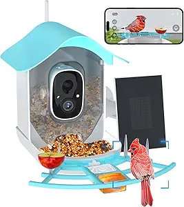 Smart Bird Feeder with Camera, AI Identify & Solar Panel, 2K HD Bird Watching Camera, Auto Capture Video, Instant Arrival Alert, Live View, Cerulean Blue asin的图片