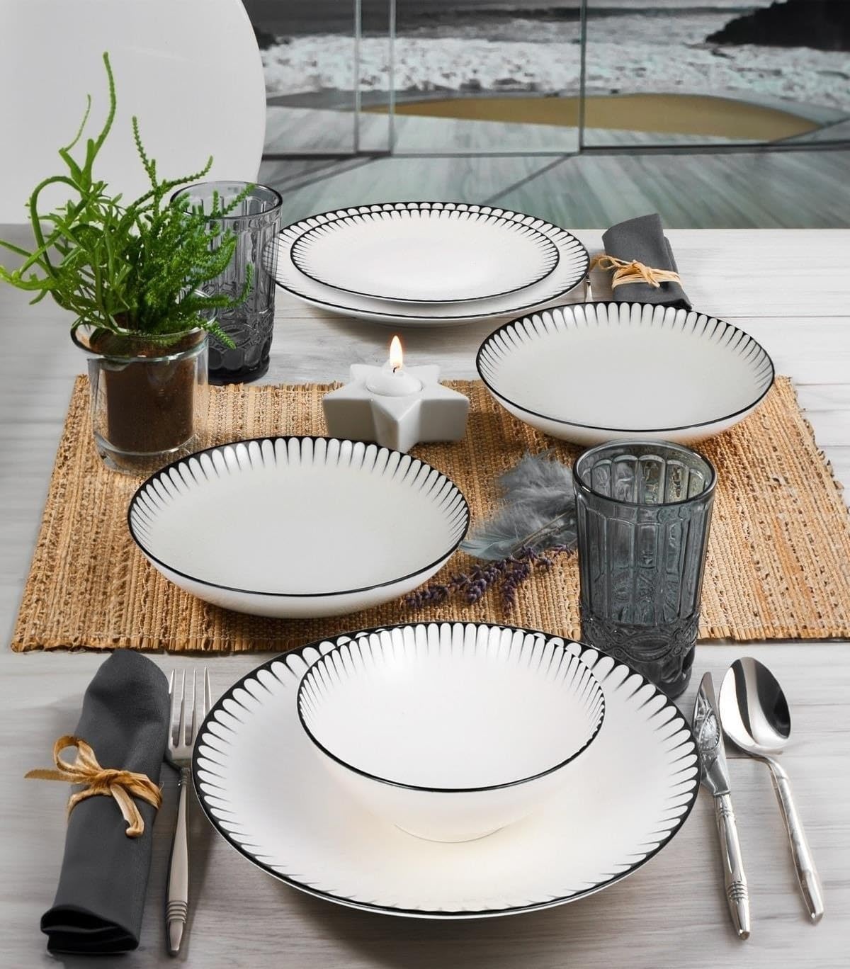 Hermia Concept Service à dîner 24 pièces 100% porcelaine, lave-vaisselle et micro-ondes