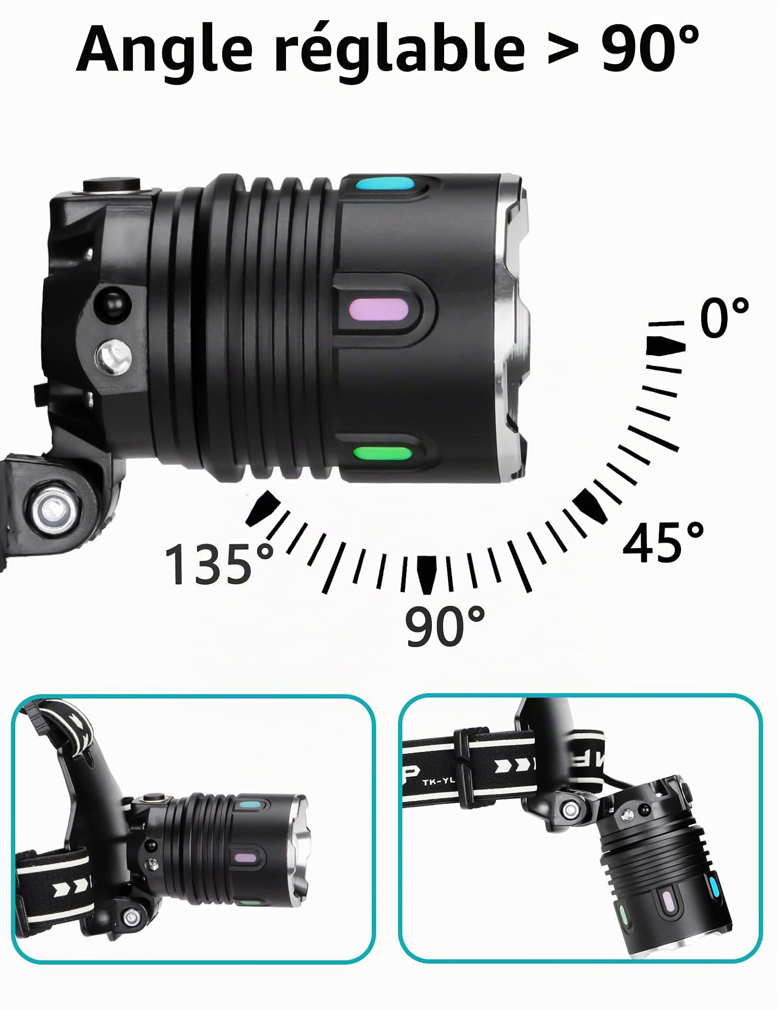 Skylla Lampe frontale LED rechargeable 90 000 lumens avec capteur avec 11 modes, zoom et 90 ° réglable, étanche IP67, batterie amovible pour camping, travail et urgence
