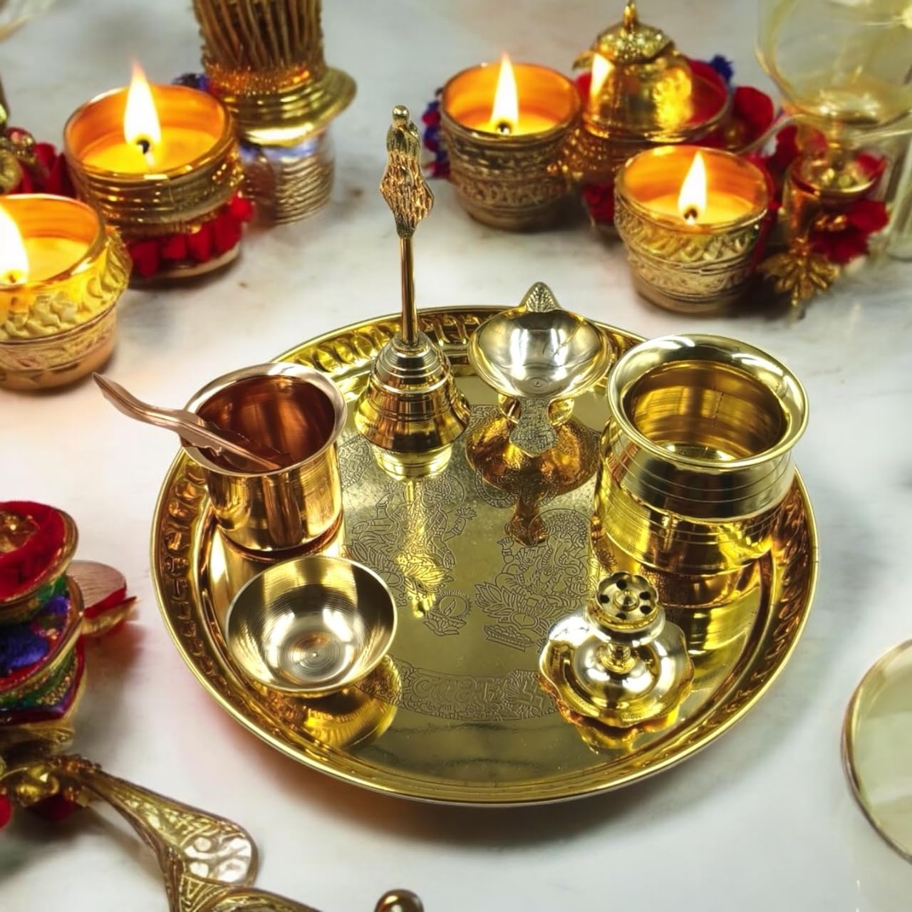AKANKSHA ARTS, Golden Shed, Made of Brass, Pooja Thali Set- 9 inch Diameter, with Brass lota, Diya, Bell, agarbatti Stand, Chandan Pyali and Copper Glass