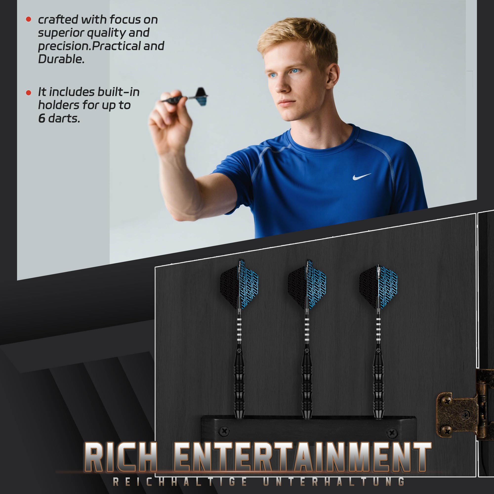 CyeeLife Bersaglio per Freccette Elettronico con Cabinet in Legno, Dartboard Elettronico, Bersaglio con 34 Giochi e 355 Varianti, Modalità per 8 Giocatori, Display LED