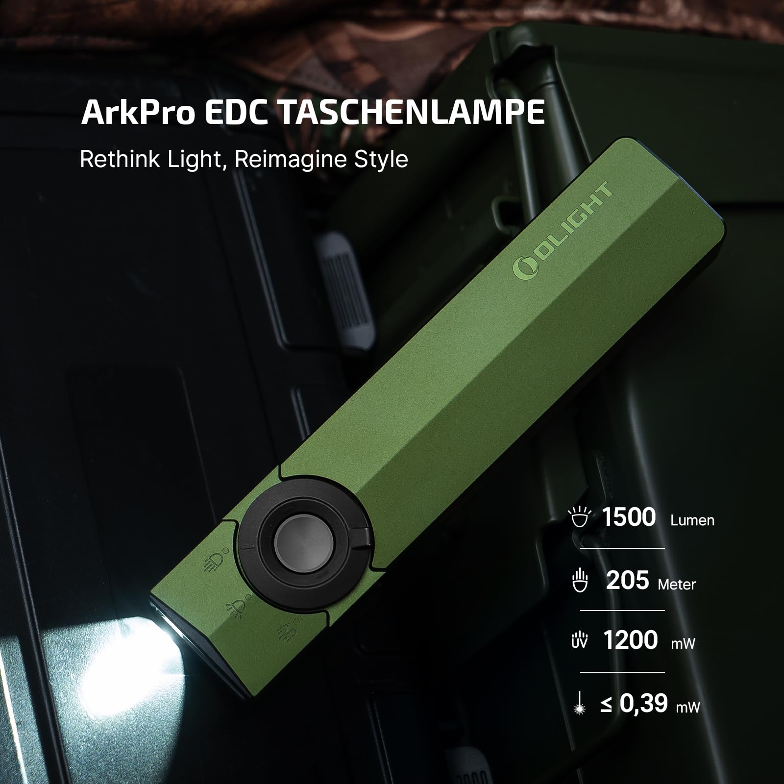 OLIGHT ArkPro Latarka z promieniowaniem UV i światłem zielonym, 1500 lumenów, zasięg 205 m, latarka z skupionym i czystym światłem rozproszonym do użytku na zewnątrz, wodoodporna IPX7, zielony