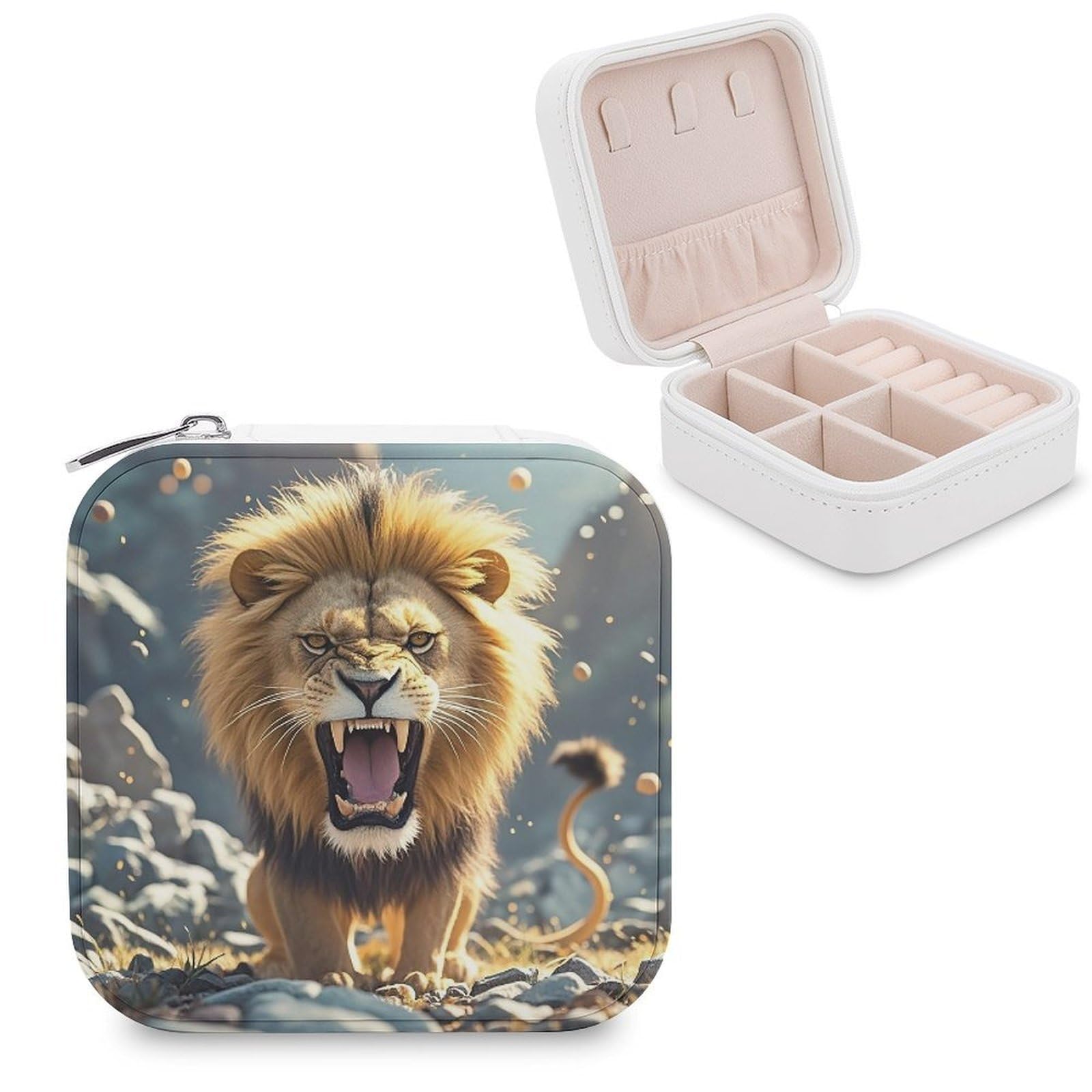 LZQPOEAS Angry Roaring Lion Jewelry Box Mini Jewelry Travel Case Trendy Stuff Ring Box Custom PU Leather Jewelry Boxes Portable Jewelry Case Earring Storage Organizer for Girls Women