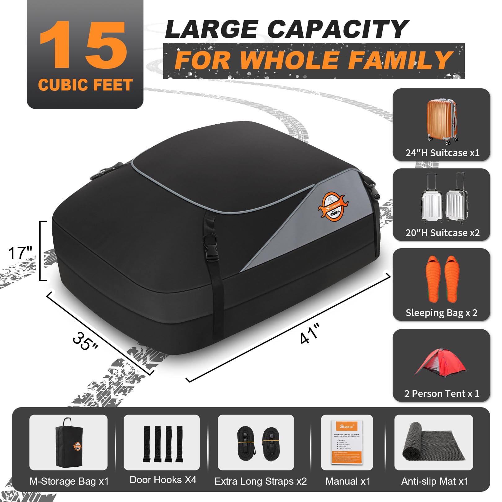 Sailnovo Borsa da tetto per box da tetto 15 cubico/430 l, impermeabile, 1000D, morbida borsa portabagagli con 4 ganci per porta, 6 cinghie rinforzate, per auto con/senza barre portatutto/portapacchi