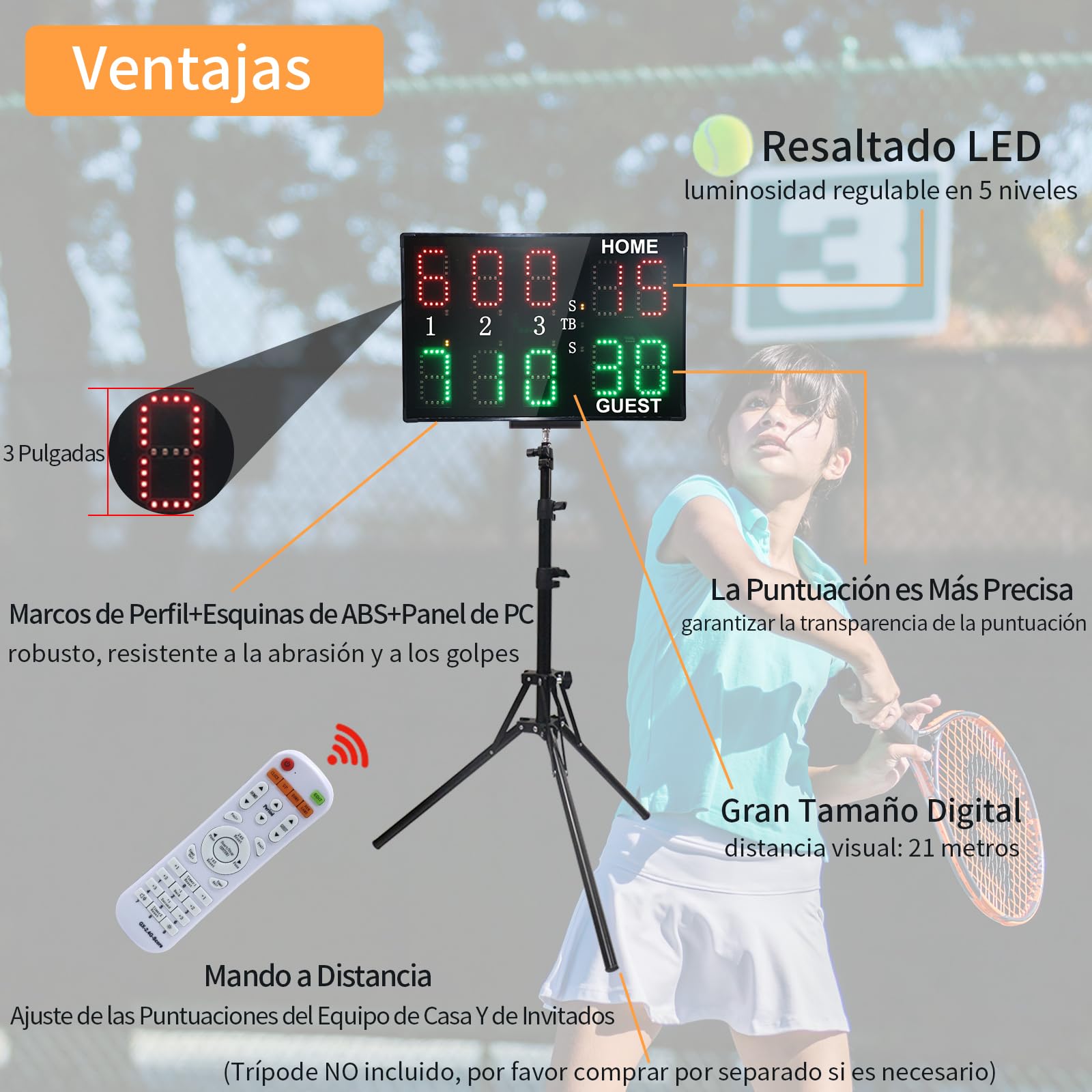 Marcador Digital LED Portátil 10 Dígitos para Tenis y Padel con Control Remoto