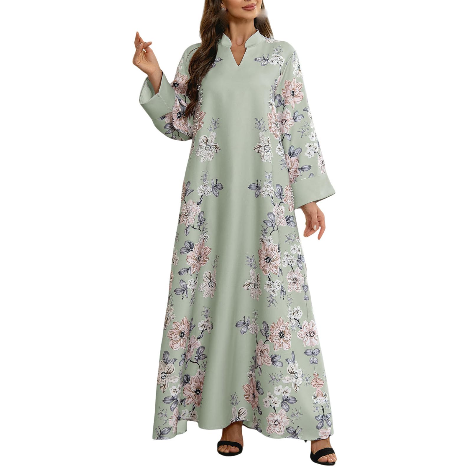 Robe arabe musulmane pour femme longue brodée perles et imprimé floral - 8