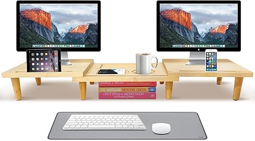 Elevador de soporte para monitor doble, elevador de 3 paneles de madera maciza para computadora portátil con almacenamiento para teléfonotaza,