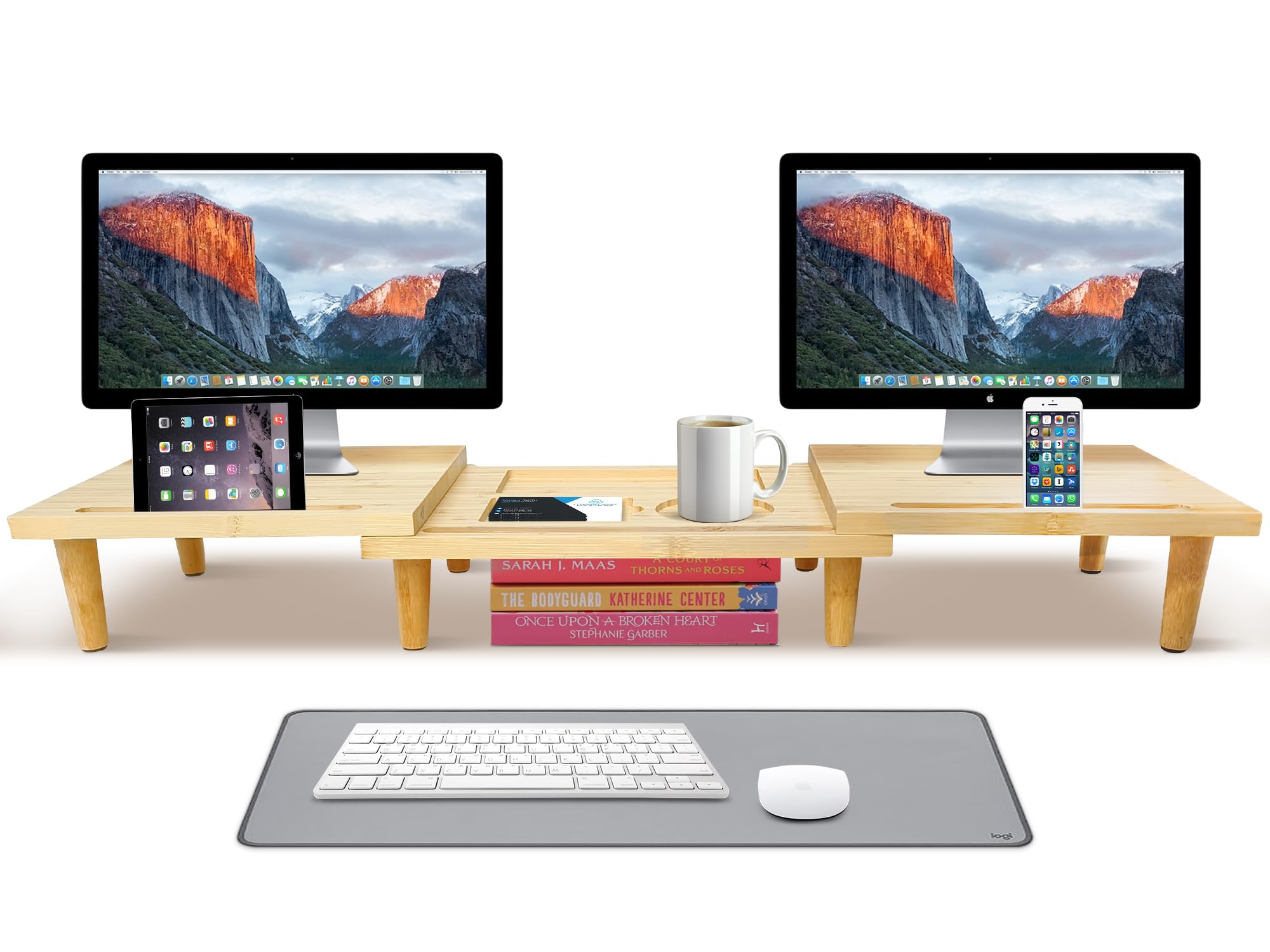 Dual Monitor Stand Riser - Solid Wood 3 Panels Laptop Riser with Storage for Phone/Mug - Home/Office Desk Organizer with Adjustable Length & Angle - Modern Computer Stand for PC, Laptop, & more (Natural)
