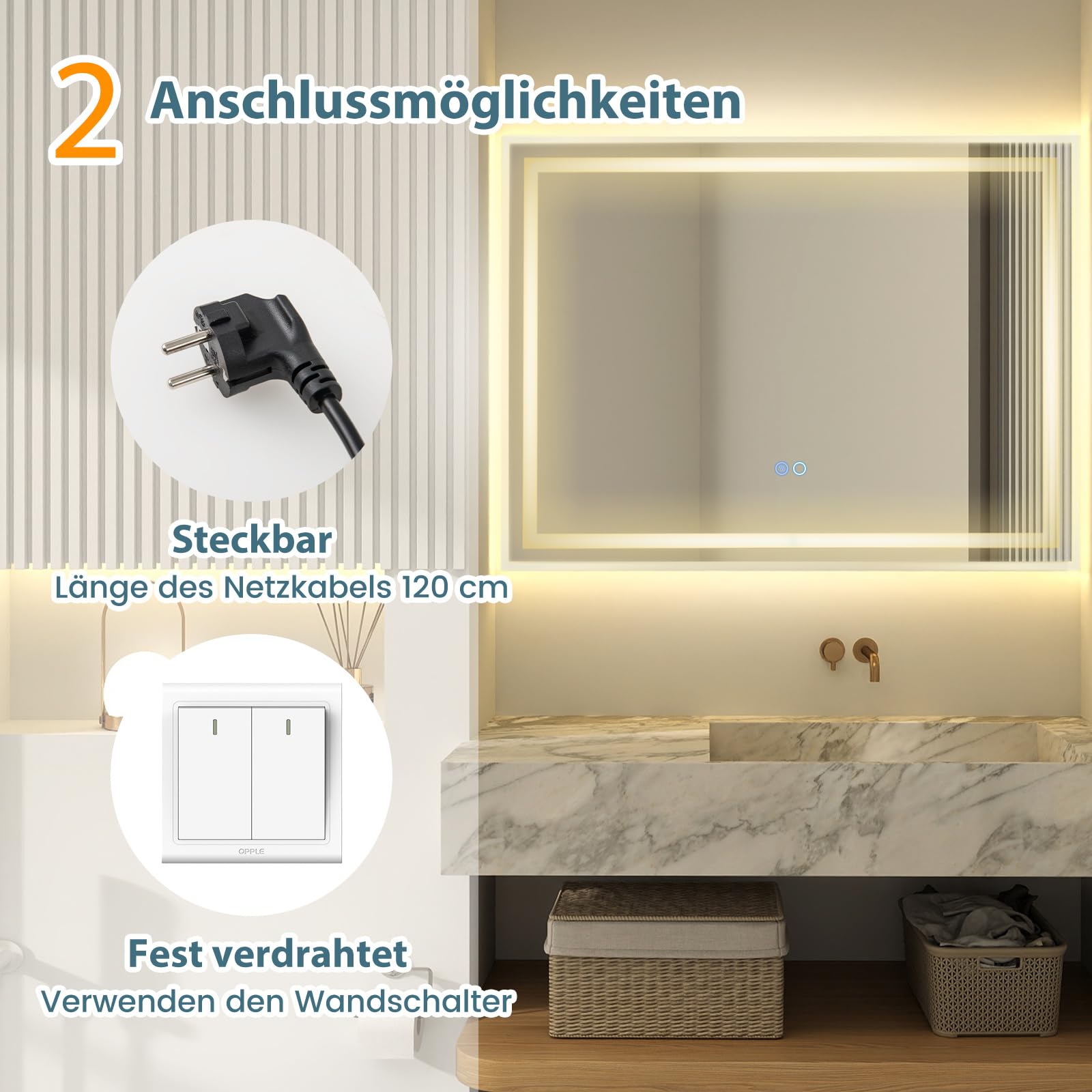 COSTWAY Lustro łazienkowe LED z oświetleniem, 80 x 60 cm lustro łazienkowe antyparowe, lustro ścienne z możliwością ściemniania z przełącznikiem dotykowym i funkcją pamięci, lustro LED lustro wiszące