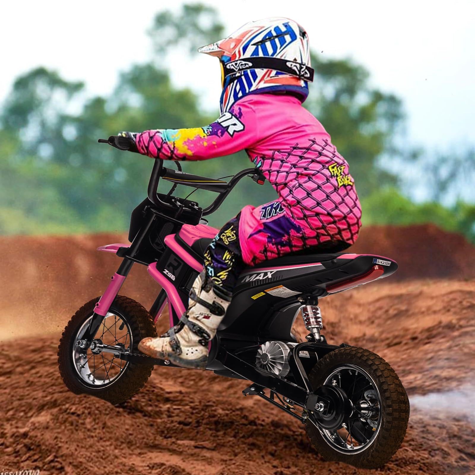 Garvee Elektro Motorrad Kinder 12V 250W Dual-Battery, Elektro Motocross | Elektro Crossbike mit Stoßdämpfer, Robuste Reifen, Geschwindigkeit 10–23 km/h, Belastung 65 kg, für Kinder ab 13 Jahren, Rosa