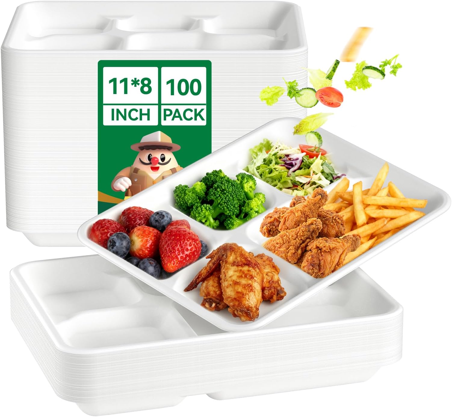 JOLLY CHEF Compostable 𝟱 Compartment Paper Plates 𝟭𝟭 * 𝟴 𝗶𝗻𝗰𝗵 [𝟭𝟬𝟬 𝗣𝗮𝗰𝗸] Heavy Duty White Divided Disposable Plate Eco-Friendly Biodegradable Food Tray for Party Lunch Dinner Christmas