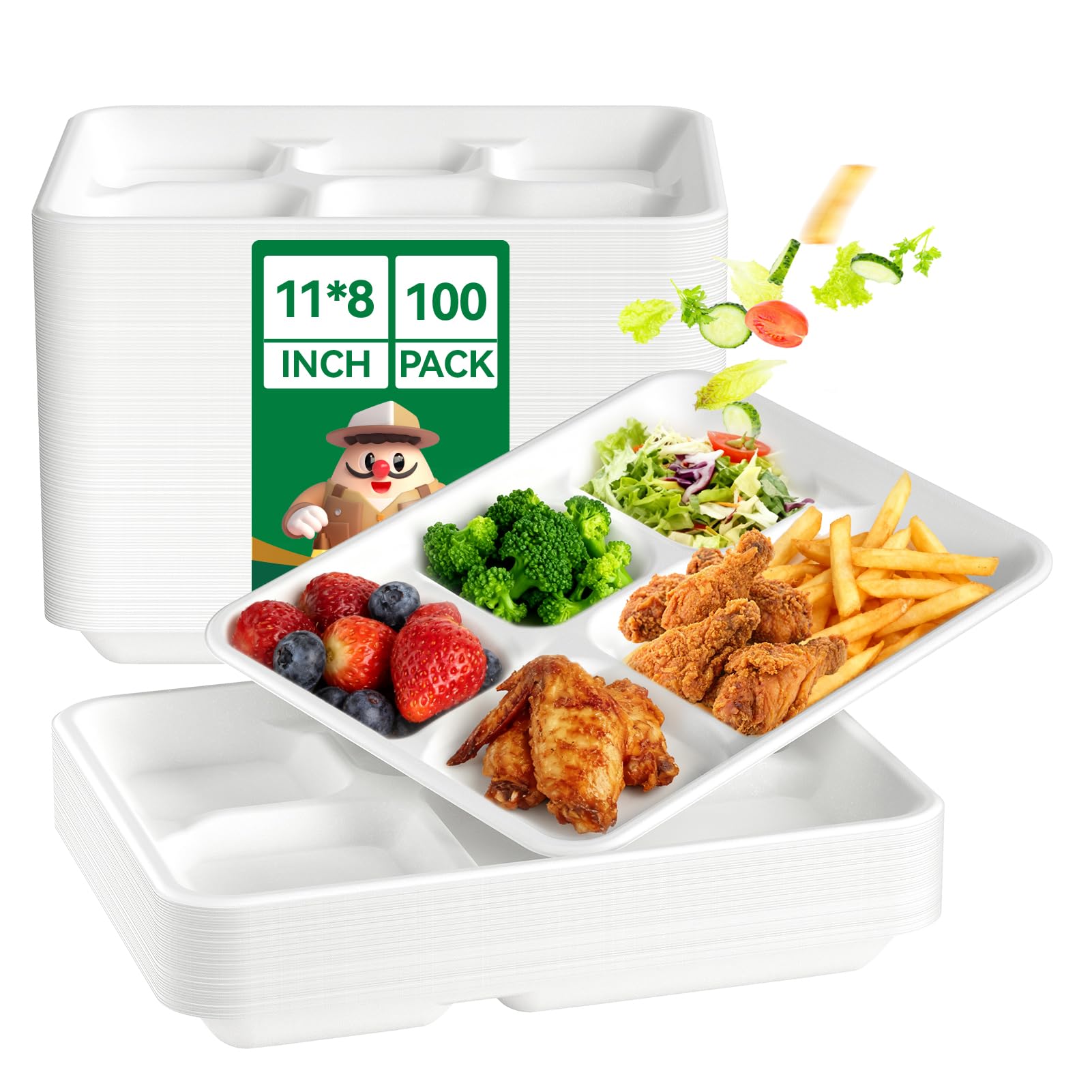 JOLLY CHEF Compostable 𝟱 Compartment Paper Plates 𝟭𝟭 * 𝟴 𝗶𝗻𝗰𝗵 [𝟭𝟬𝟬 𝗣𝗮𝗰𝗸] Heavy Duty White Divided Disposable Plate Eco-Friendly Biodegradable Food Tray for Party Lunch Dinner Christmas