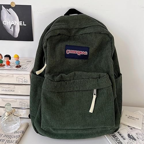 Miniatura 4 de JHTPSLR Preppy - Mochila de pana vintage, mochila ligera de estética académica con mochilas de peluche para laptop (verde oscuro)