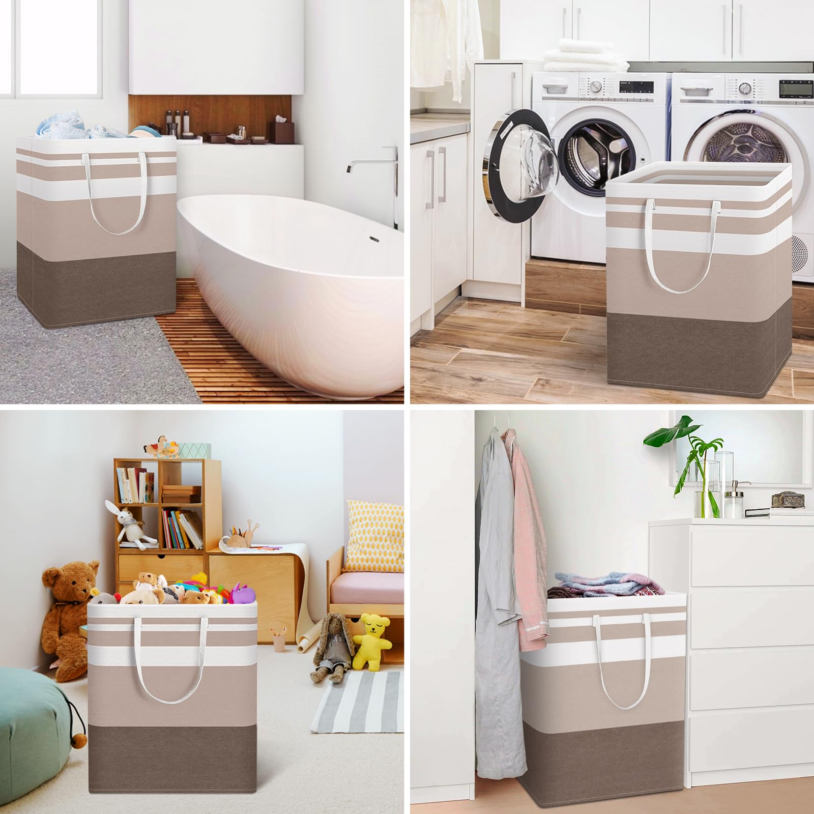 HomeHacks Confezione da 2 cesti portabiancheria grandi, impermeabili, autoportanti, pieghevoli, con manici estesi, per vestiti, giocattoli, dormitorio e famiglia (marrone, 125 L)