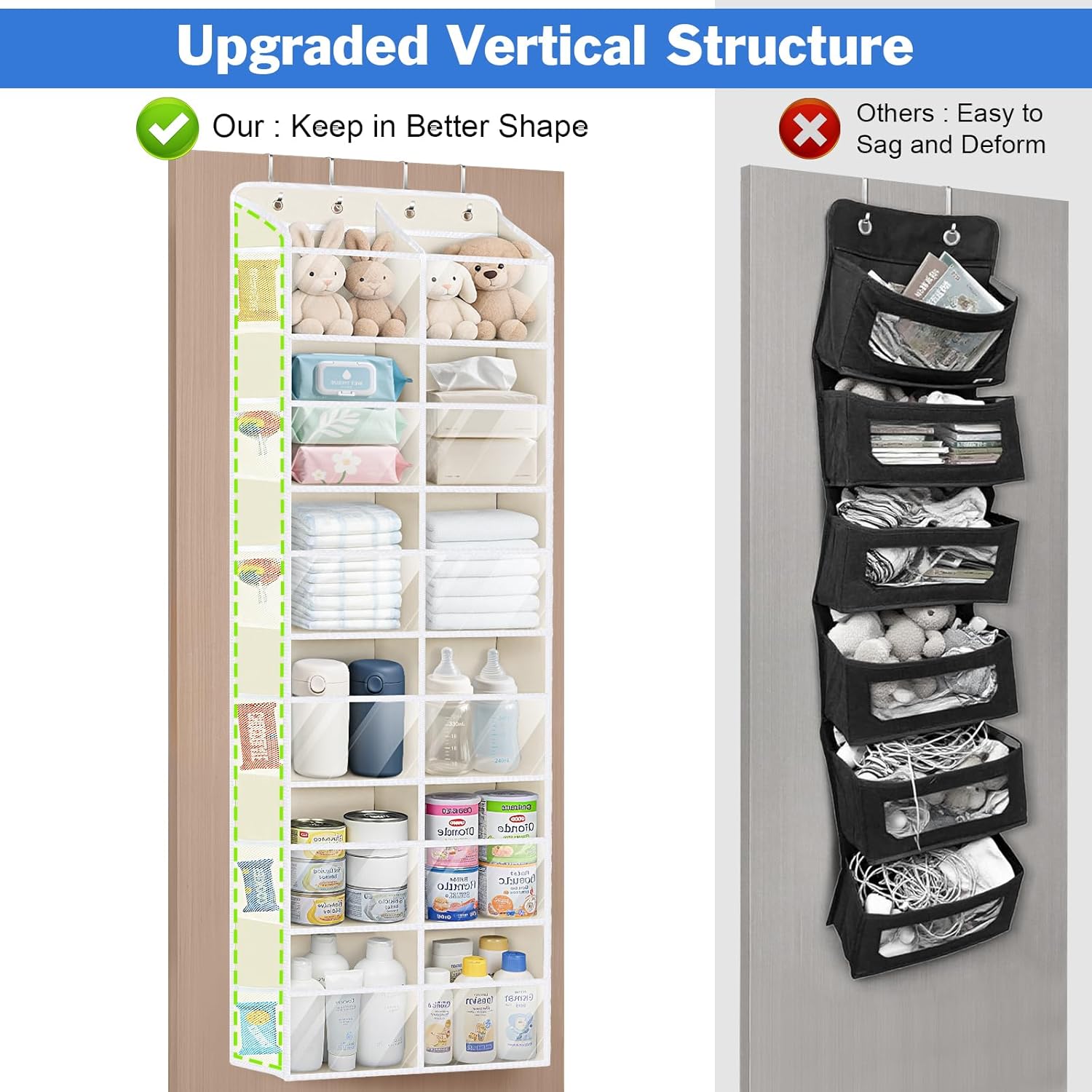 Univivi Over the Door Organizer, 6 Tiers Behind Door Storage with Clear Deep Pockets Hanging Organizer for Closet, Bedroom, Nursery, Bathroom and Sundries (Beige)