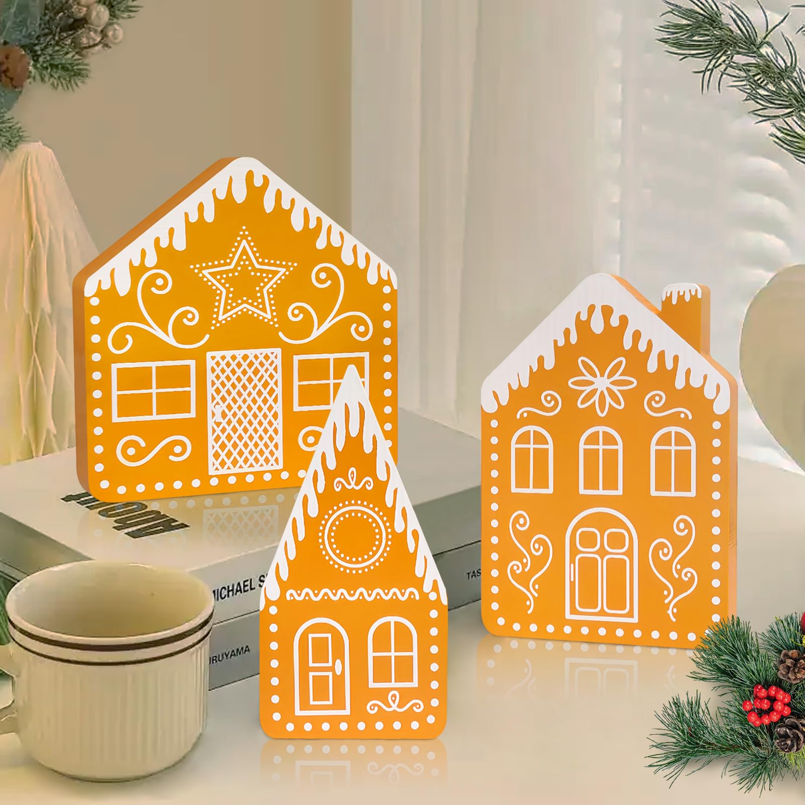 Weihnachtsdeko Tisch Holzhaus 3er Set, Weihnachtsdeko holz,Holzhaus Wichtel, Tischdeko Weihnachten, Lebkuchenhaus DekoGingerbread House Freie Kombination，Advent Weihnachts Dekoration