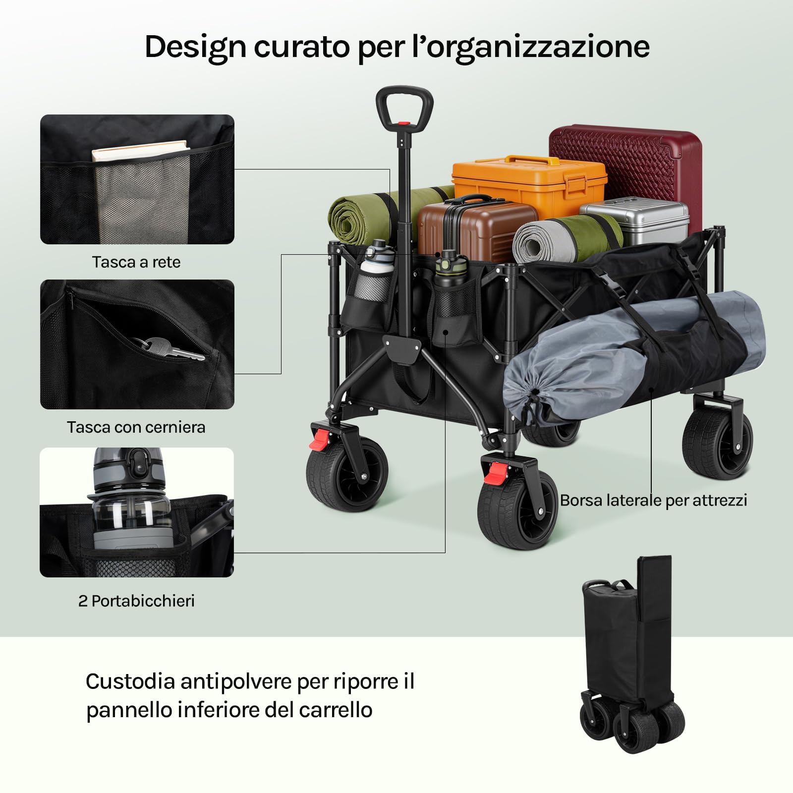 WOLTU Carrello Pieghevole Multifunzione con Ruote Rimovibili, Manico Regolabile, Custodia Antipolvere, Telaio in Acciaio, 150 L, Portata 180 kg, Carrello da Giardino per Campeggio e Spiaggia, Nero