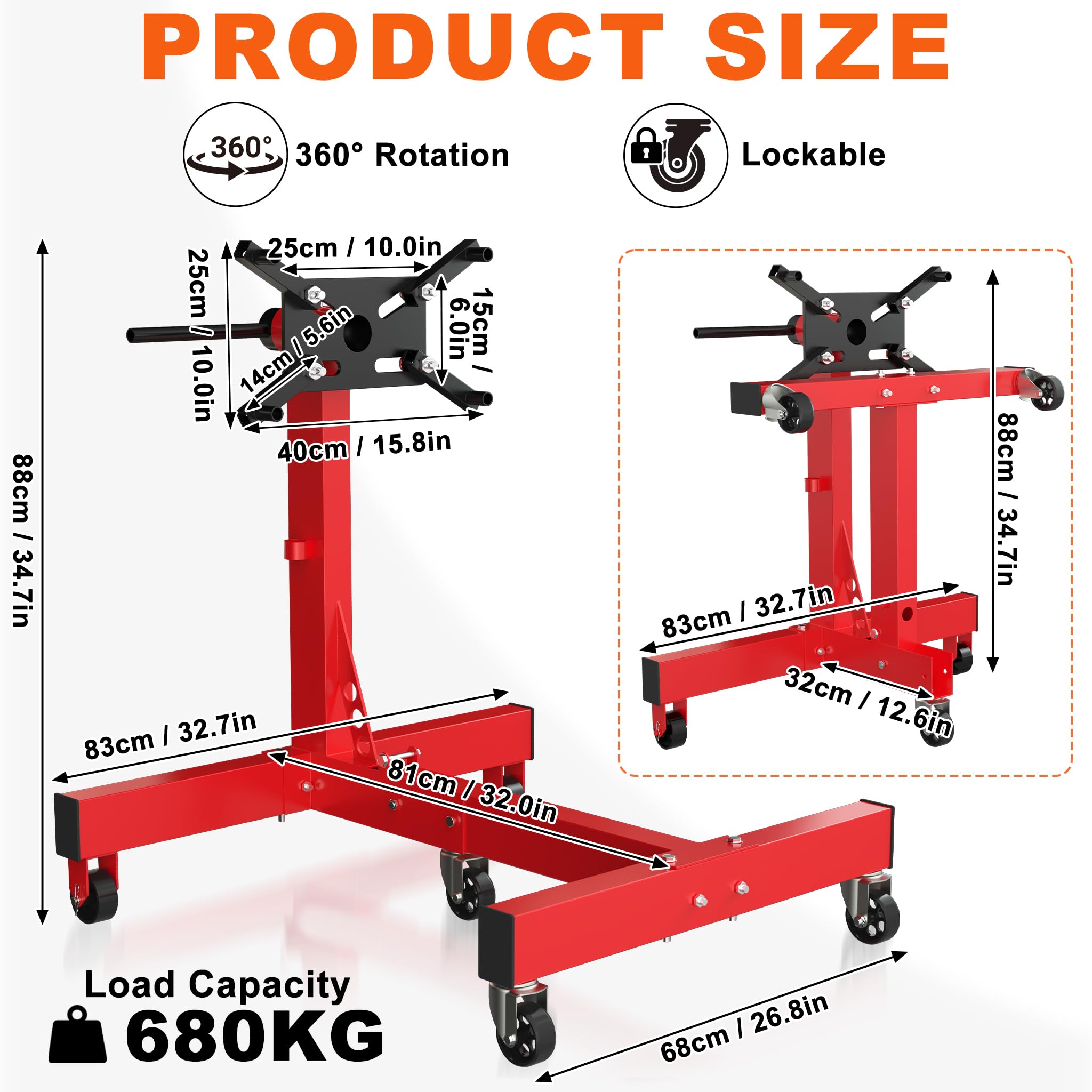UISEBRT Béquille de moteur de voiture jusqu'à 680 kg, pliable, avec tête pivotante à 360° et 4 bras réglables, support de moteur avec 5 roulettes et poignée antidérapante pour garages et ateliers
