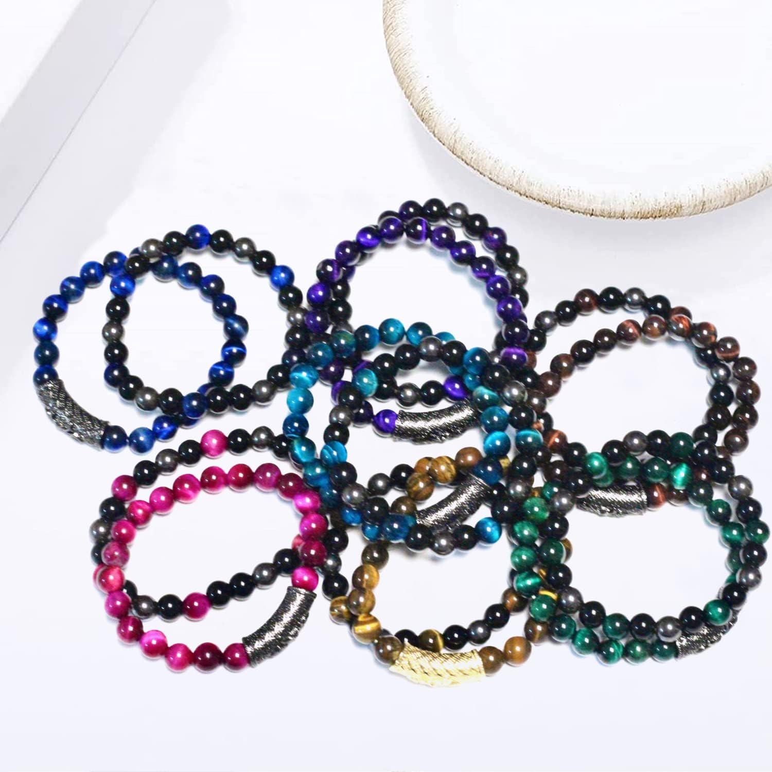 2Pcs Triple Protection Bracelet,Natural Tigers Eye Black Obsidian and Hematite 8 MM Beads Bracelet for Men Women Gift, Healing Crystal Bracelet Bring Luck and Prosperity and Happiness - Image 3